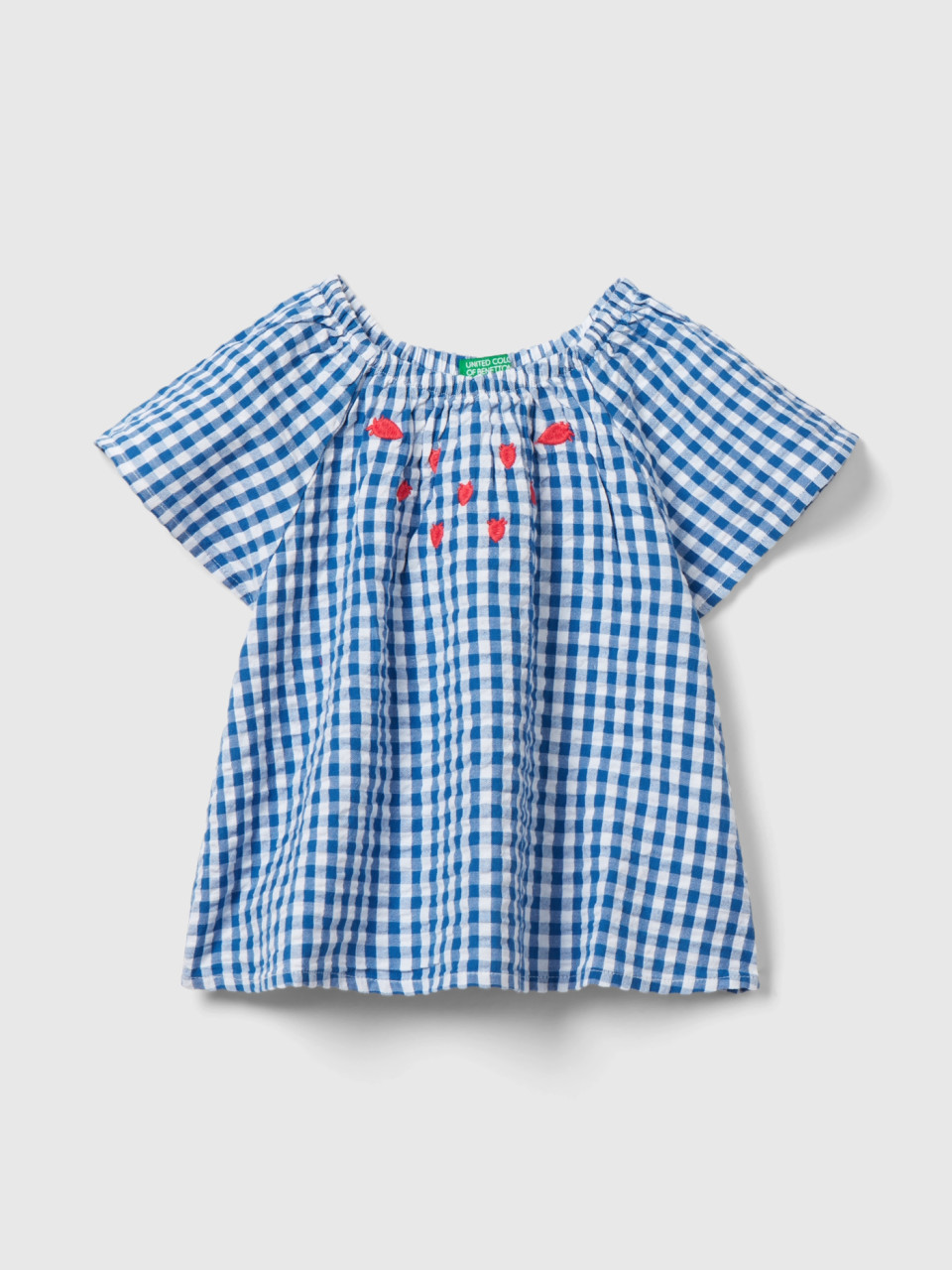 Benetton, Vichy Shirt With Embroidery, Blue, Kids