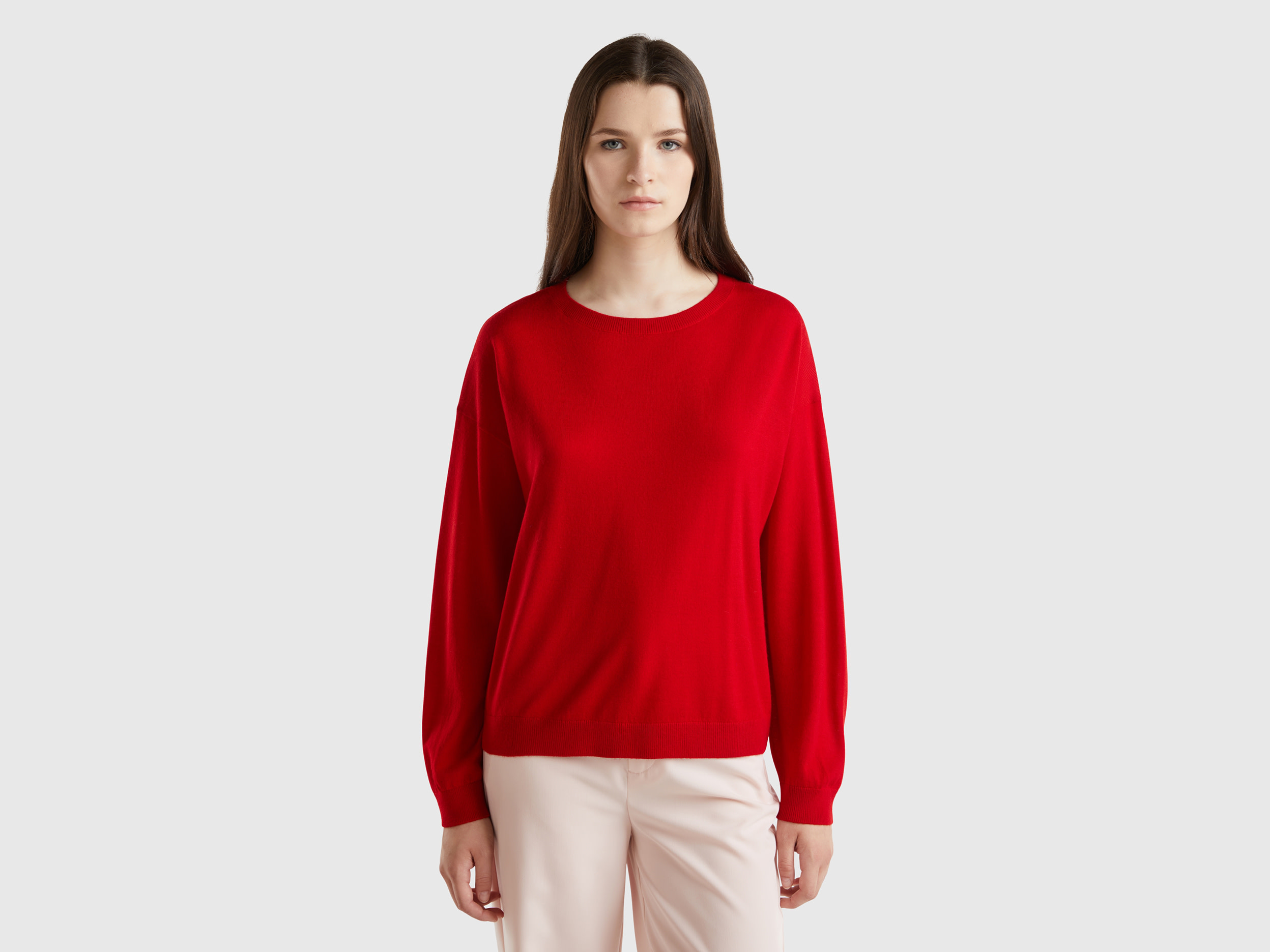 Benetton, Maglia Con Scollo A Barchetta In Pura Lana Merino, Rosso, Donna
