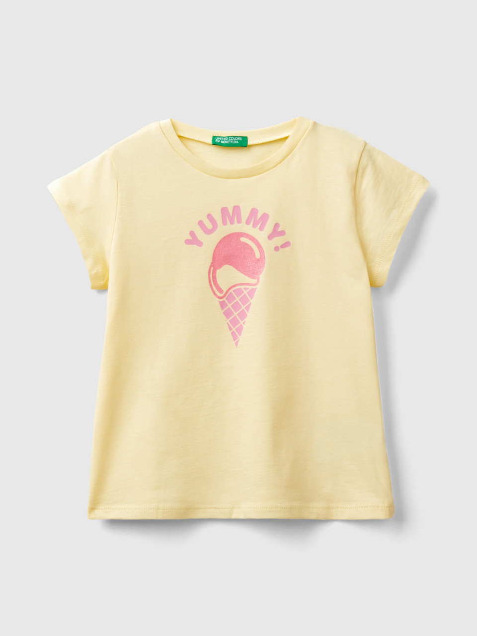 Benetton, 100% Cotton T-shirt With Print, Vanilla, Kids