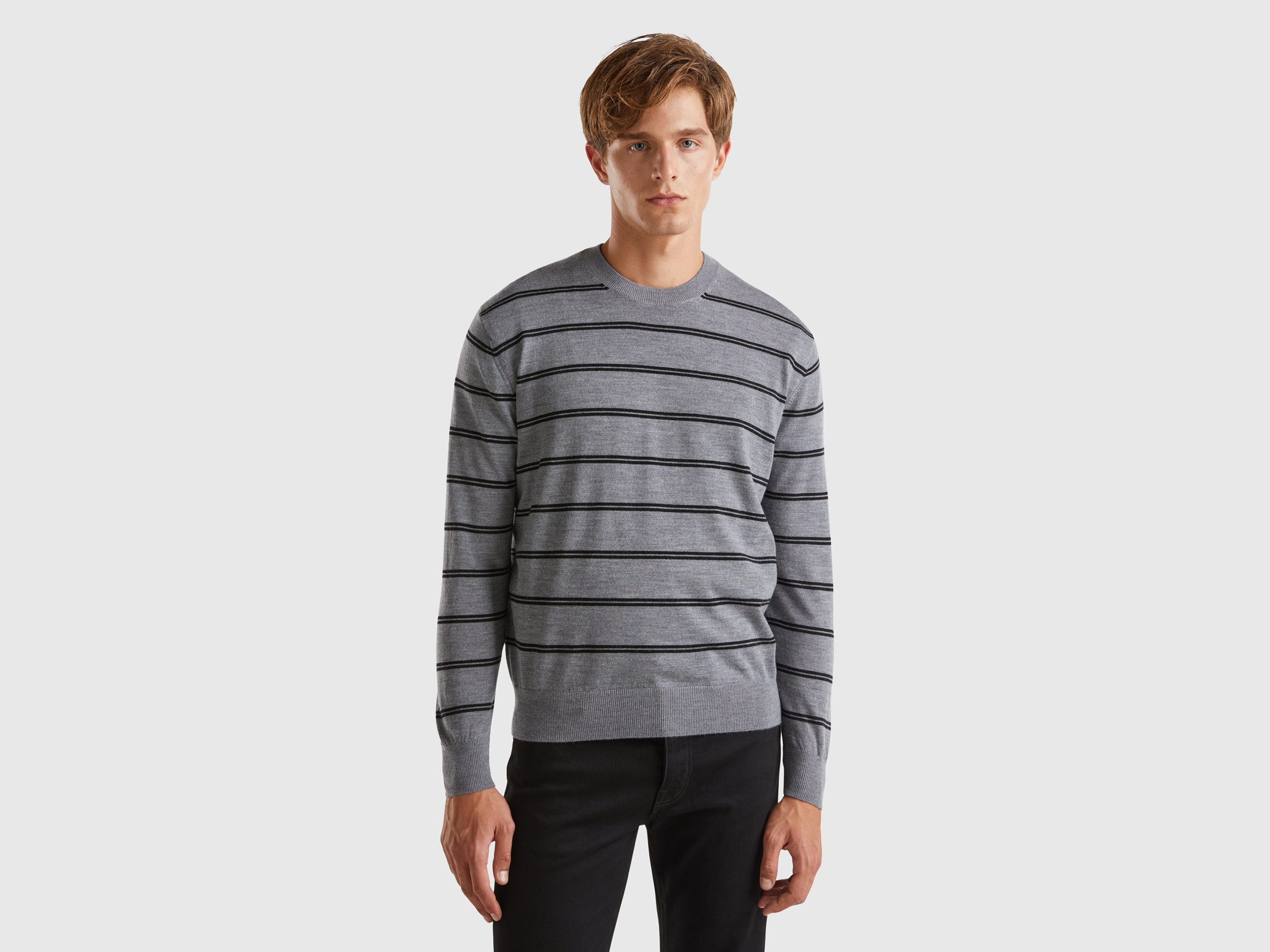 Benetton, Maglia A Righe In Pura Lana Merino, Grigio, Uomo