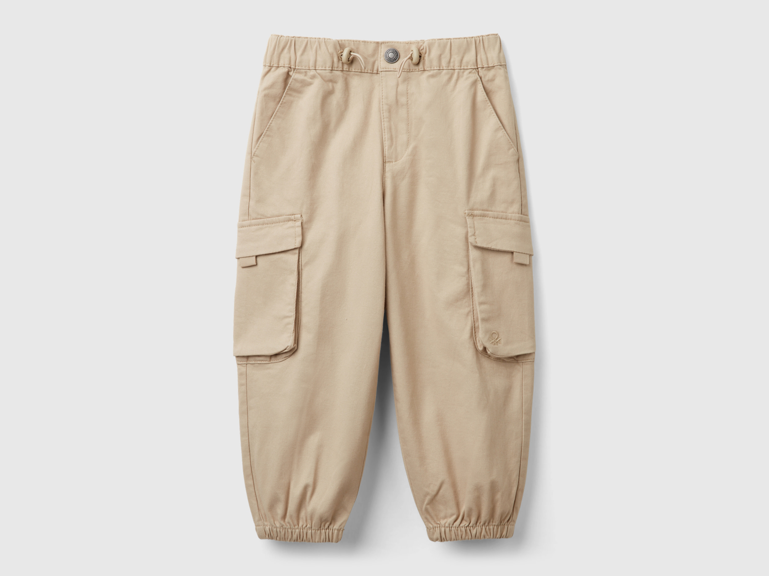 Benetton, Pantaloni Parachute In Cotone Stretch, Beige, Bambini