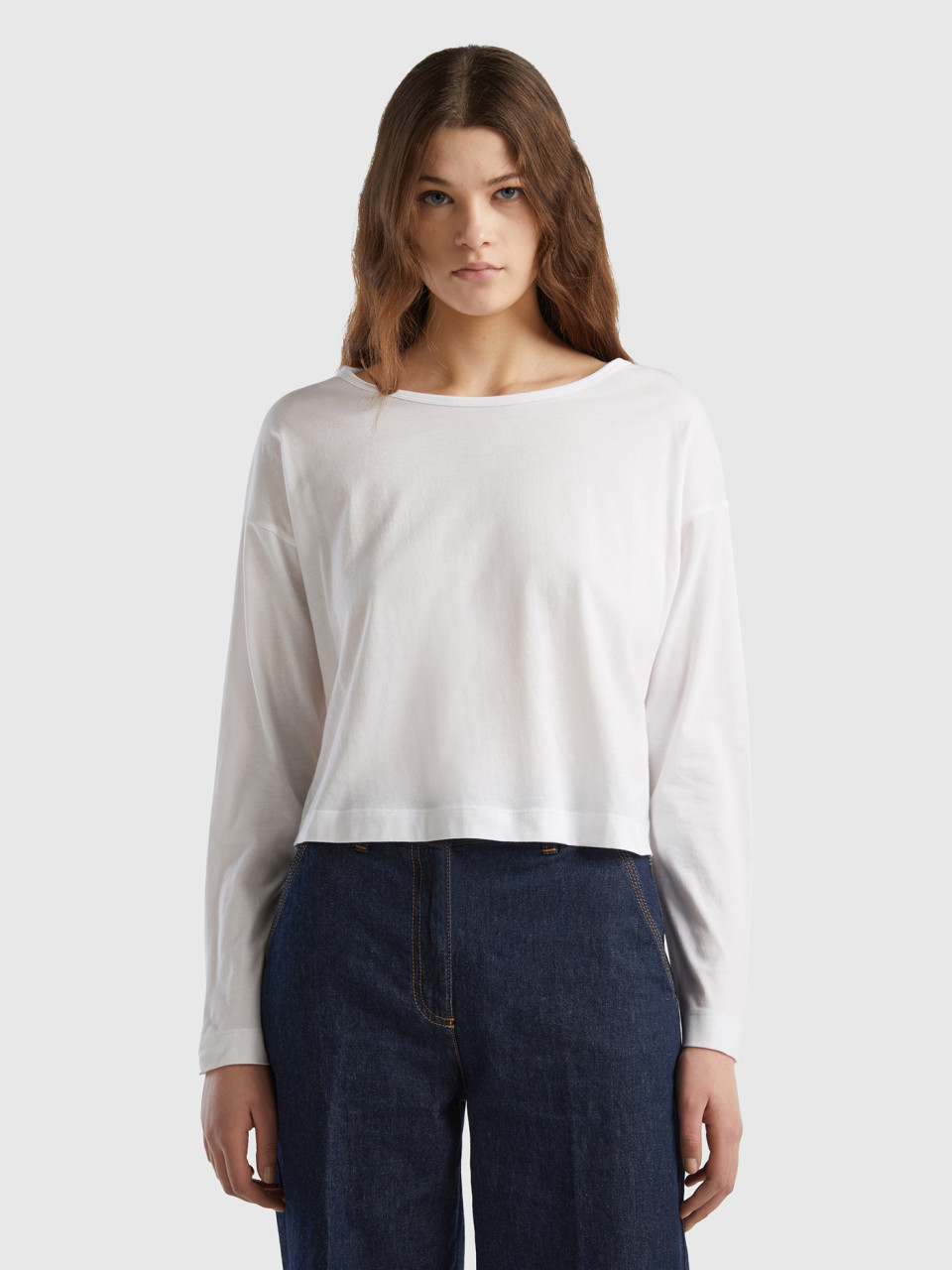 Benetton, T-shirt Aus Langfaseriger Baumwolle In Weiß, Weiss, female
