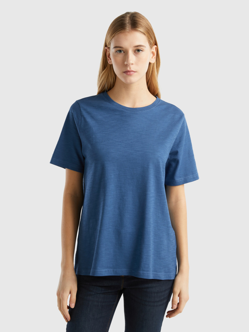 Benetton, Camiseta De Cuello Redondo De Algodón Flameado, Azul Grisáceo, Mujer
