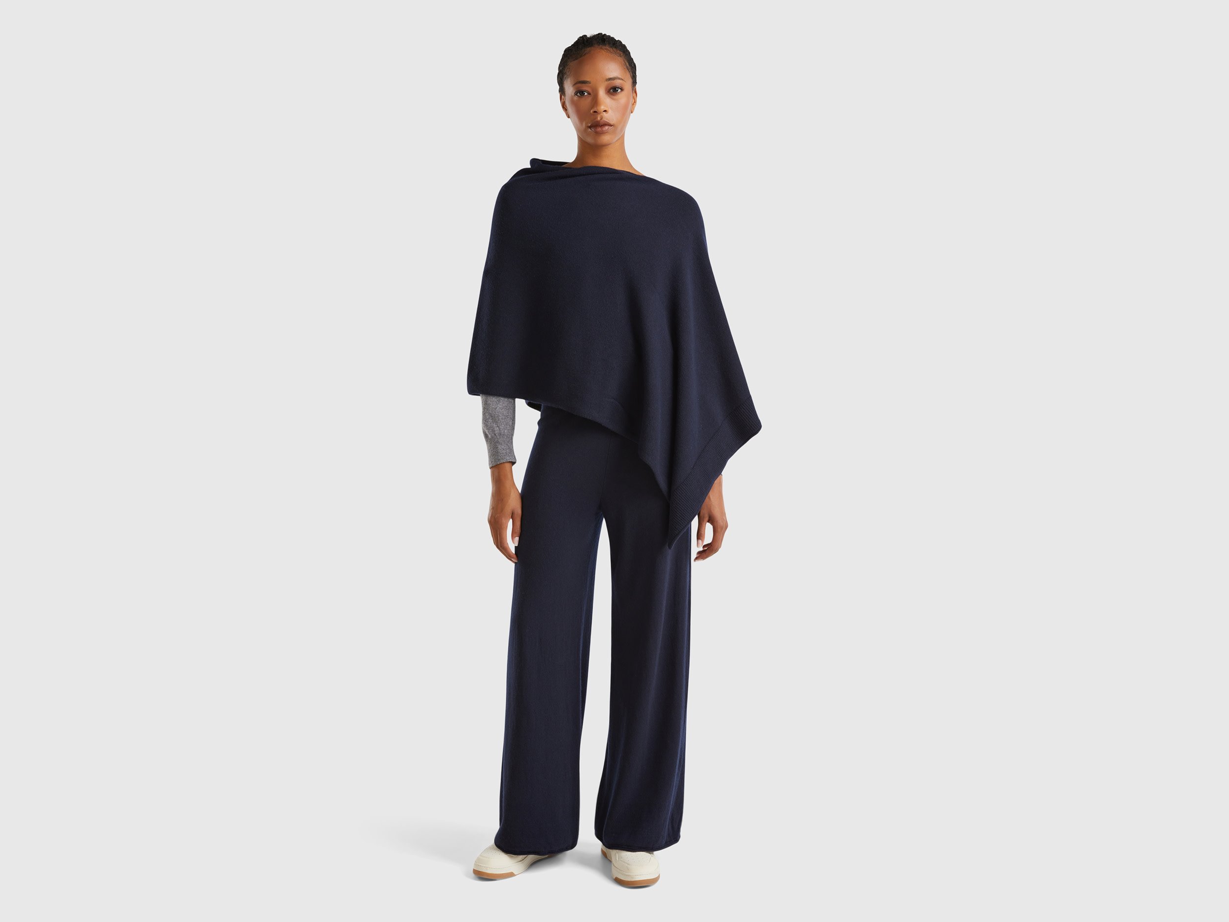 Benetton, Mantella In Misto Cashmere, Blu Scuro, Donna