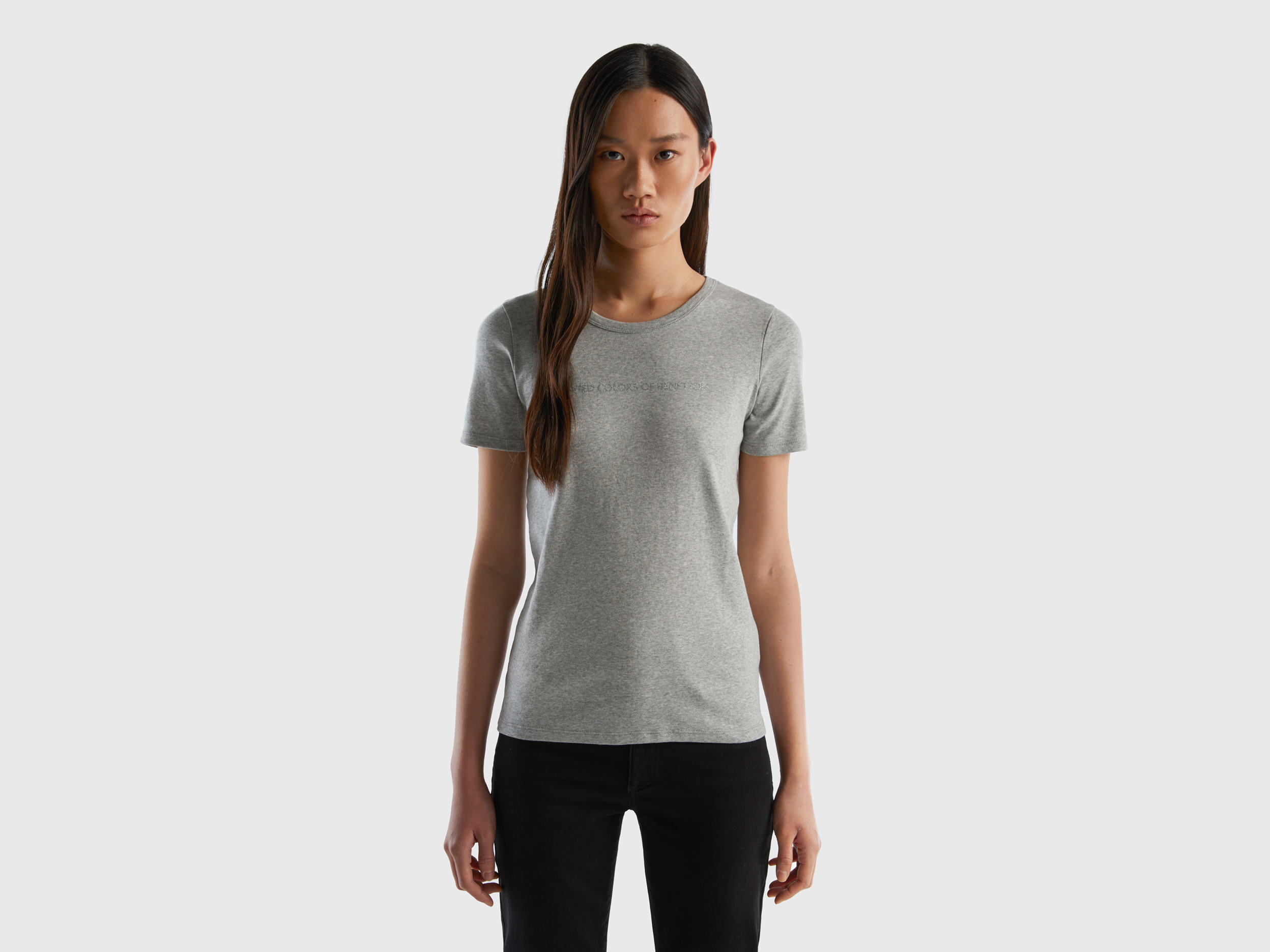 Benetton, T shirt 100% Cotone Con Stampa Logo Glitter, Grigio Chiaro, Donna Benetton, T shirt 100% Cotone Con Stampa Logo Glitter, Grigio Chiaro, Donna