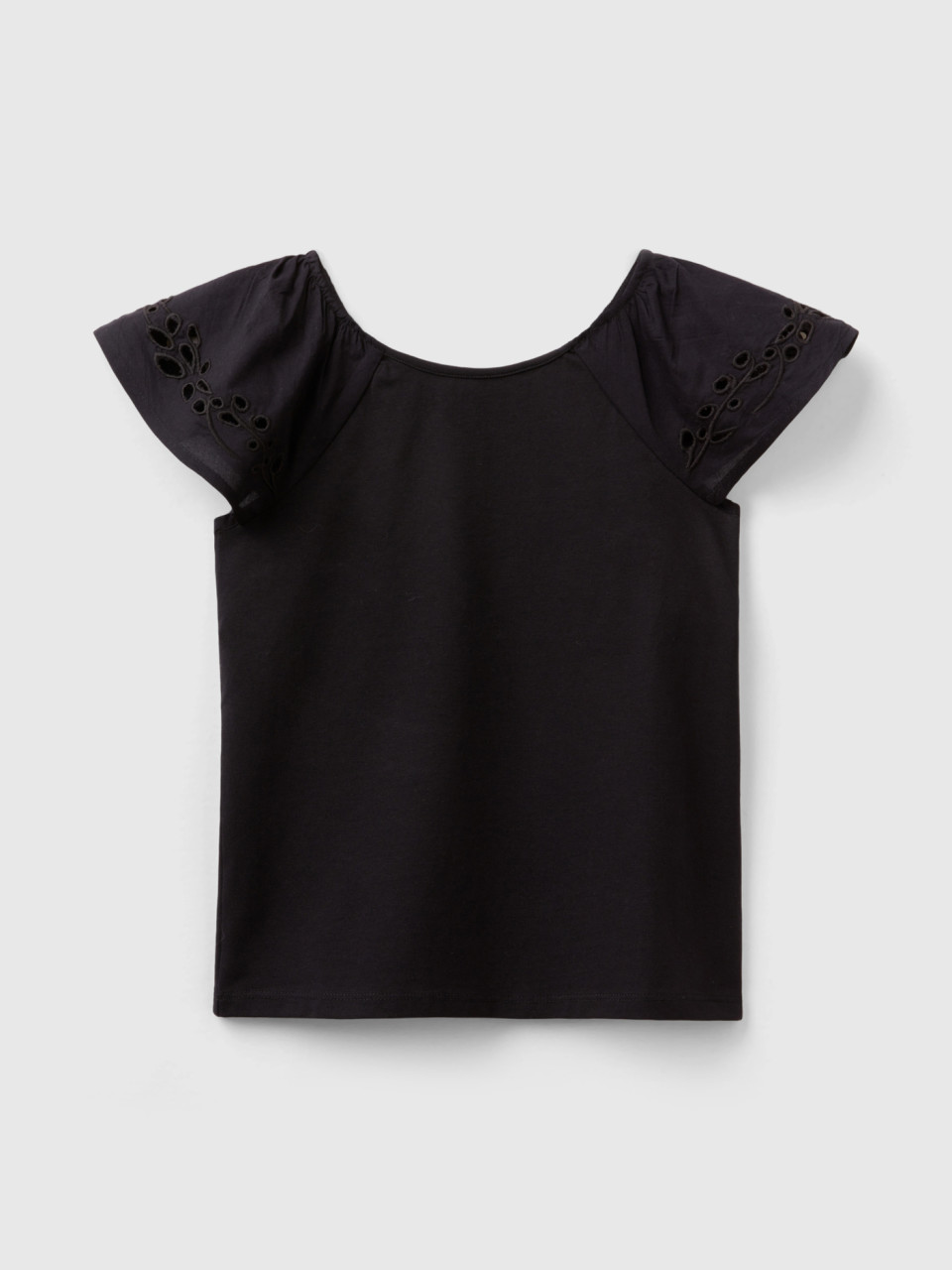 Benetton, Top With Embroidered Sleeves, Black, Kids