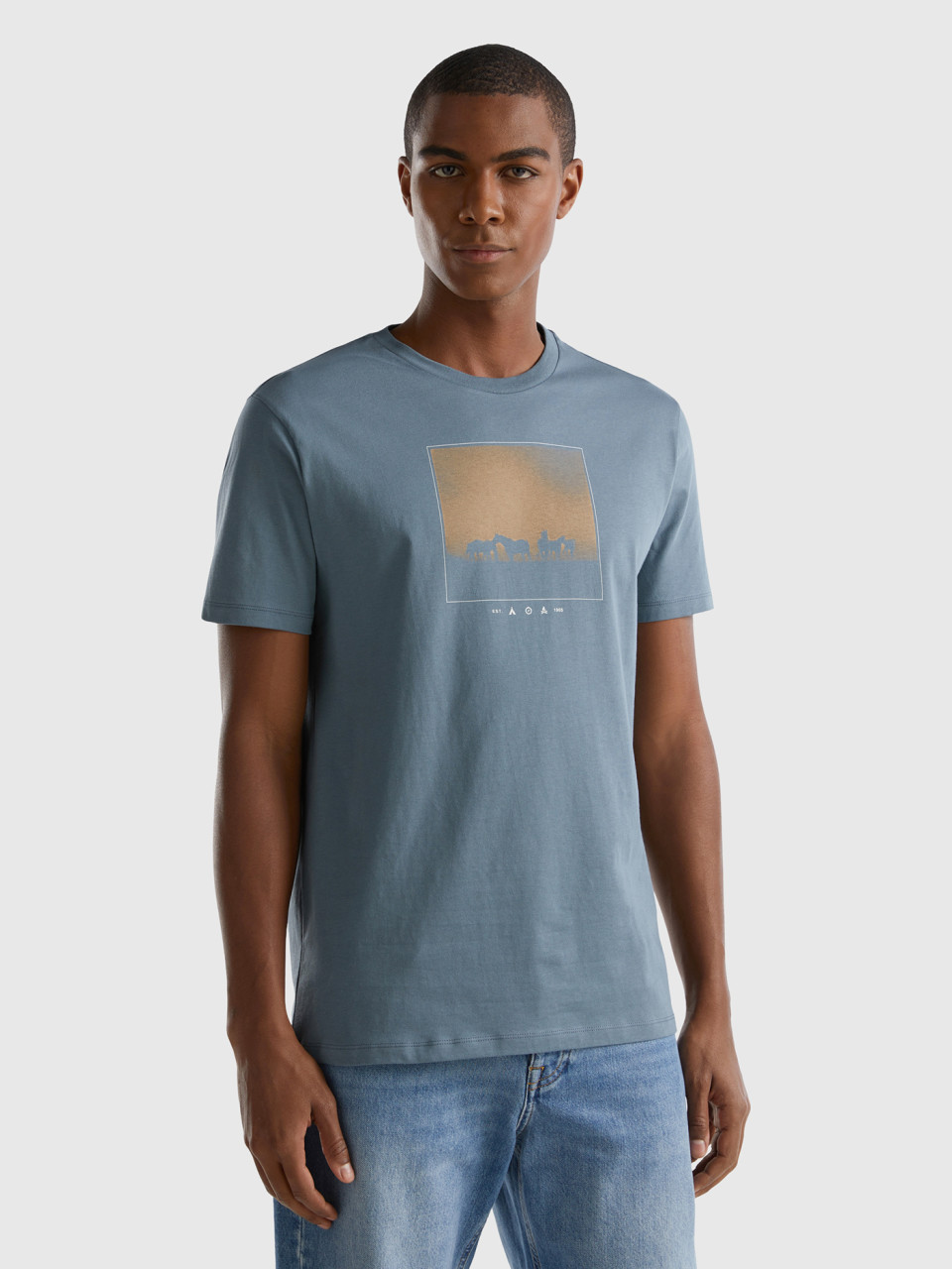 Benetton, T-shirt Regular Fit Mit Print, Dunkelgrau, male