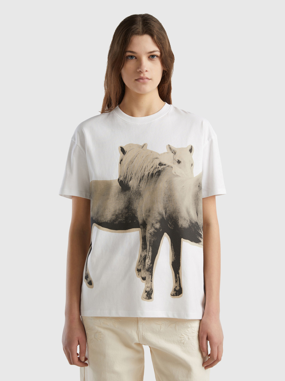Benetton, Warm T-shirt With Horse Print, White, Women