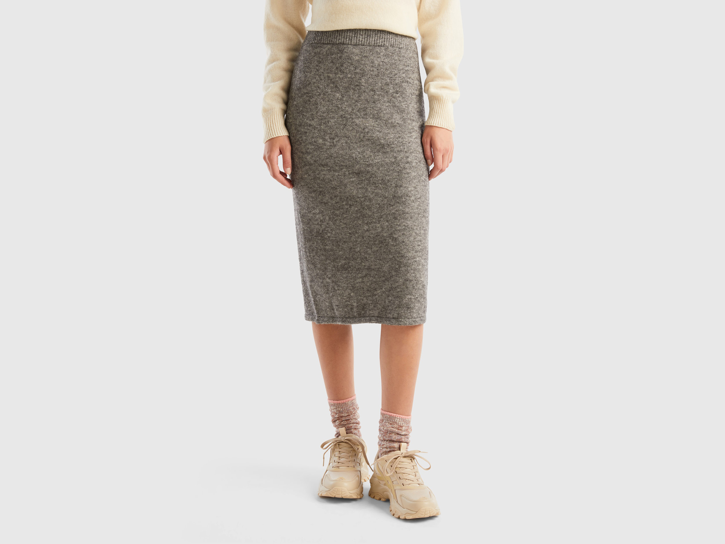 Benetton, Pencil Skirt In Recycled Thread, size M, Dark Gray, Women
