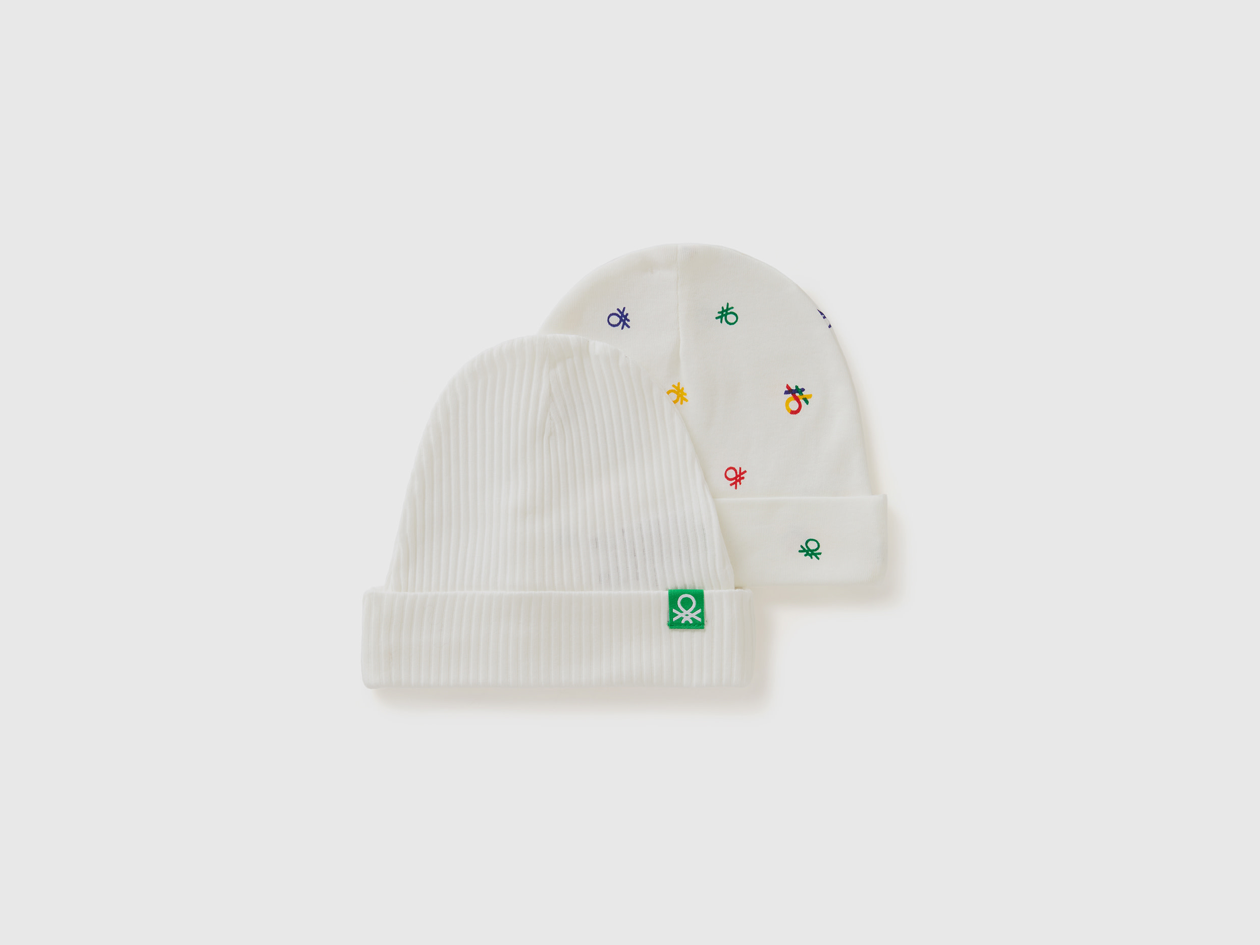 Benetton, Due Cappellini In Cotone Bio, Bianco Panna, Bambini