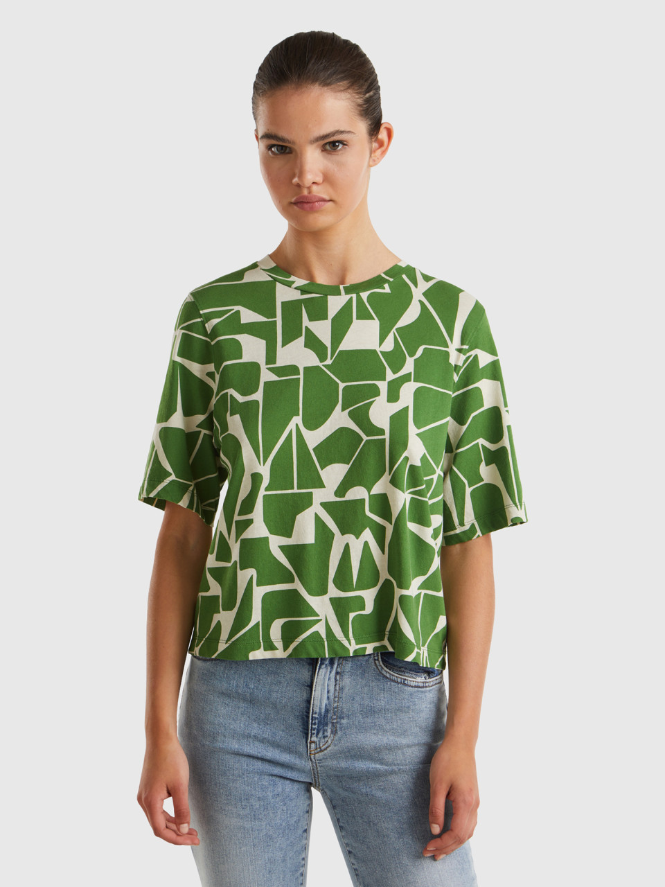 Benetton, Camiseta Con Estampado Geométrico, Militar, Mujer
