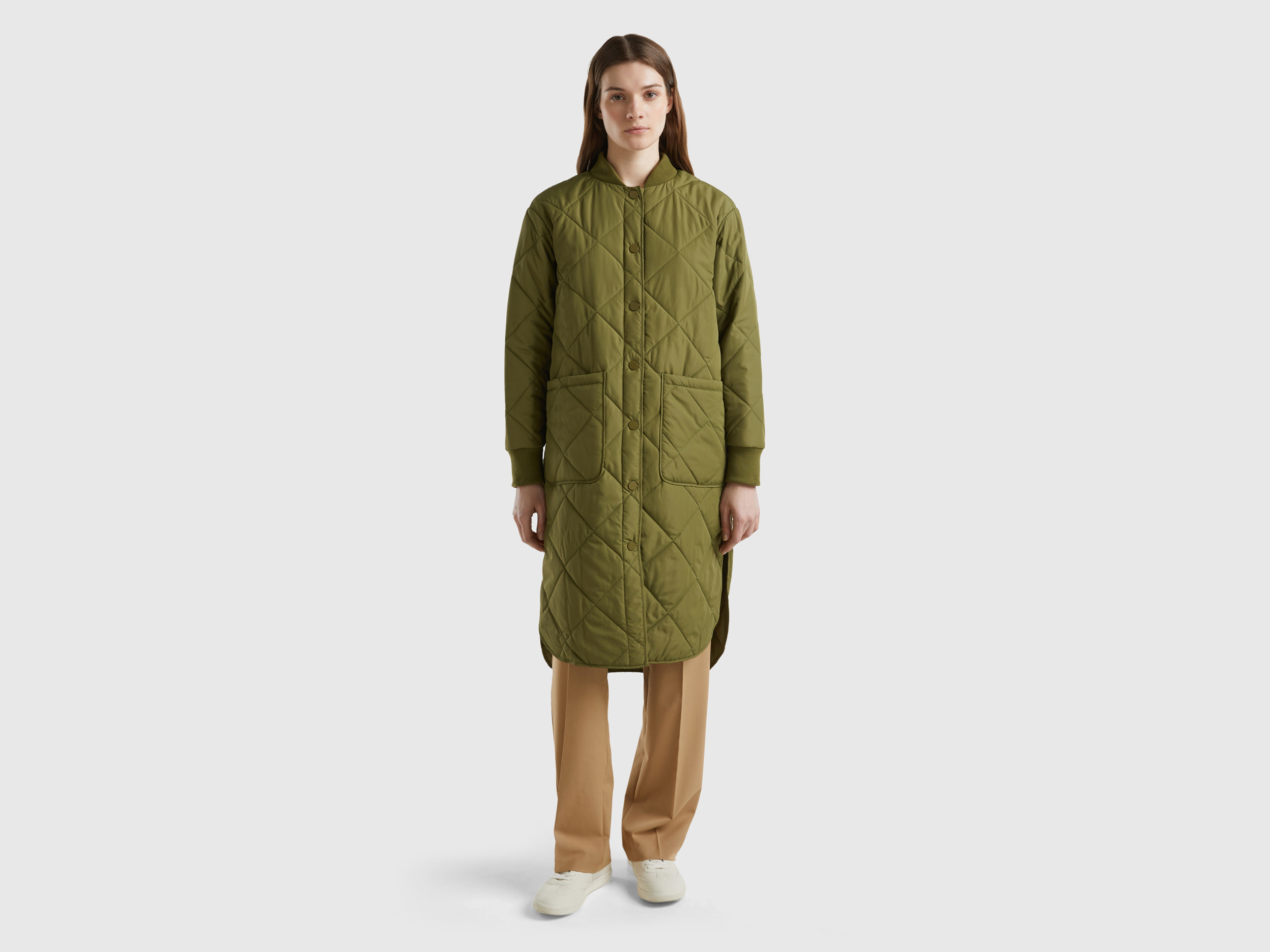 Benetton, Piumino Lungo Con Imbottitura Leggera, Verde Militare, Donna