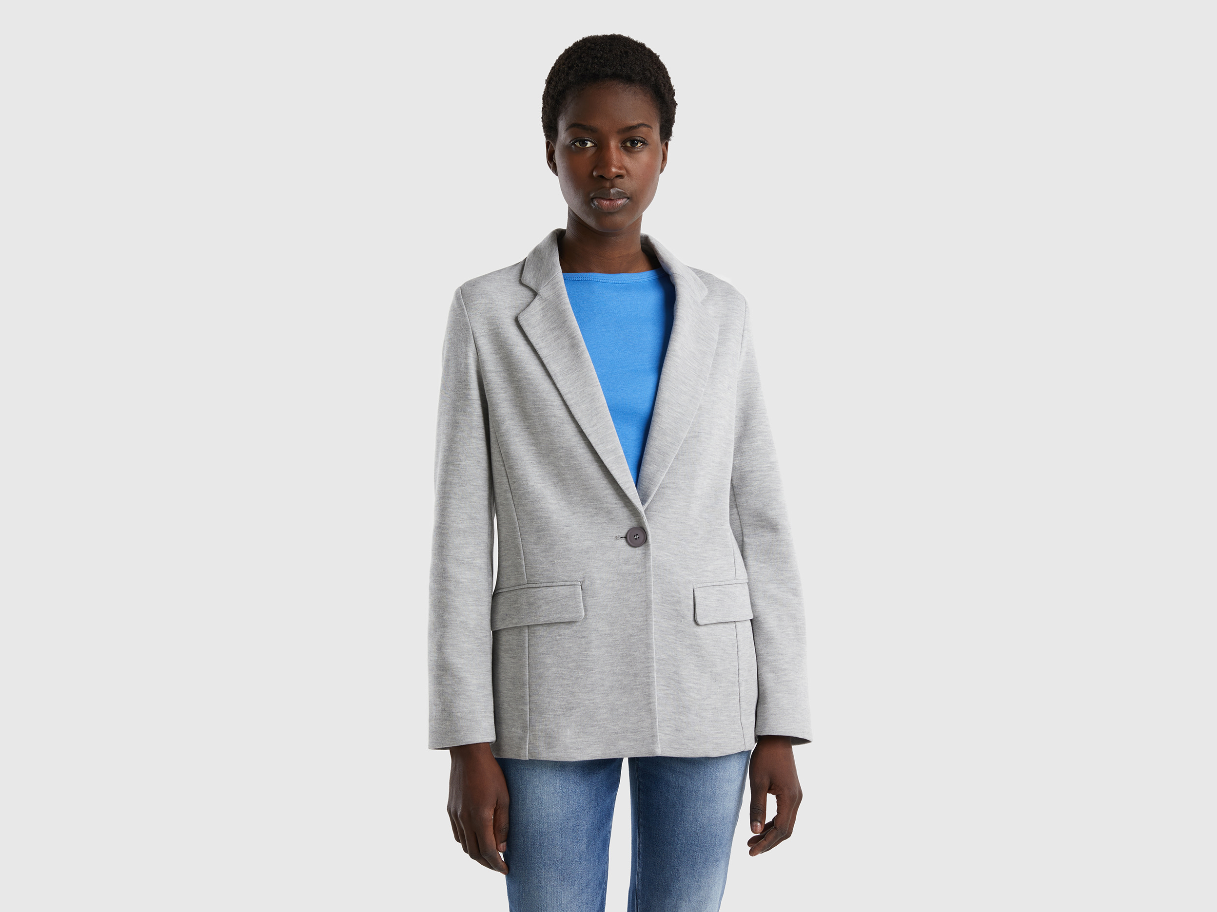 Benetton, Fitted Blazer With Pockets, size 18, Light Gray, Women
