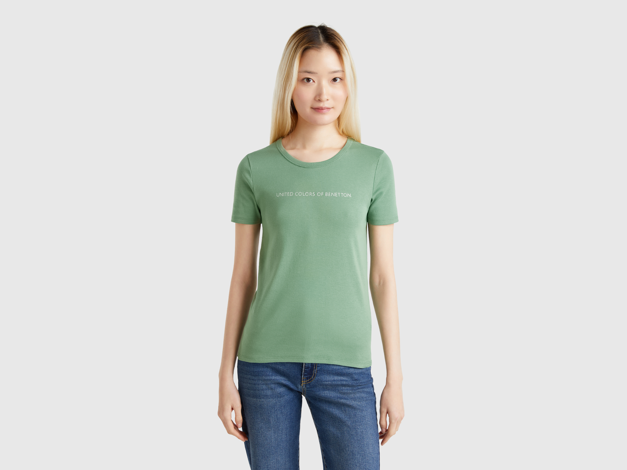  Benetton, Μπλούζα 100% Βαμβακερό Με Glitter Τύπωμα Λογότυπο, size XL, Σκουρο Πρασινο, Γυναικεία 2025