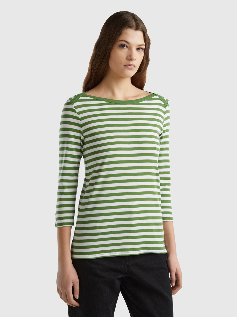 Benetton, Striped 3/4 Sleeve T-shirt In 100% Cotton, Green, Women