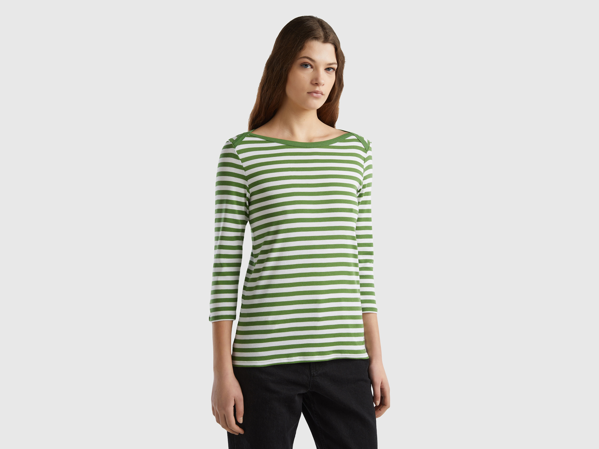 Benetton, Striped 3/4 Sleeve T-shirt In 100% Cotton, size XS, Green, Women