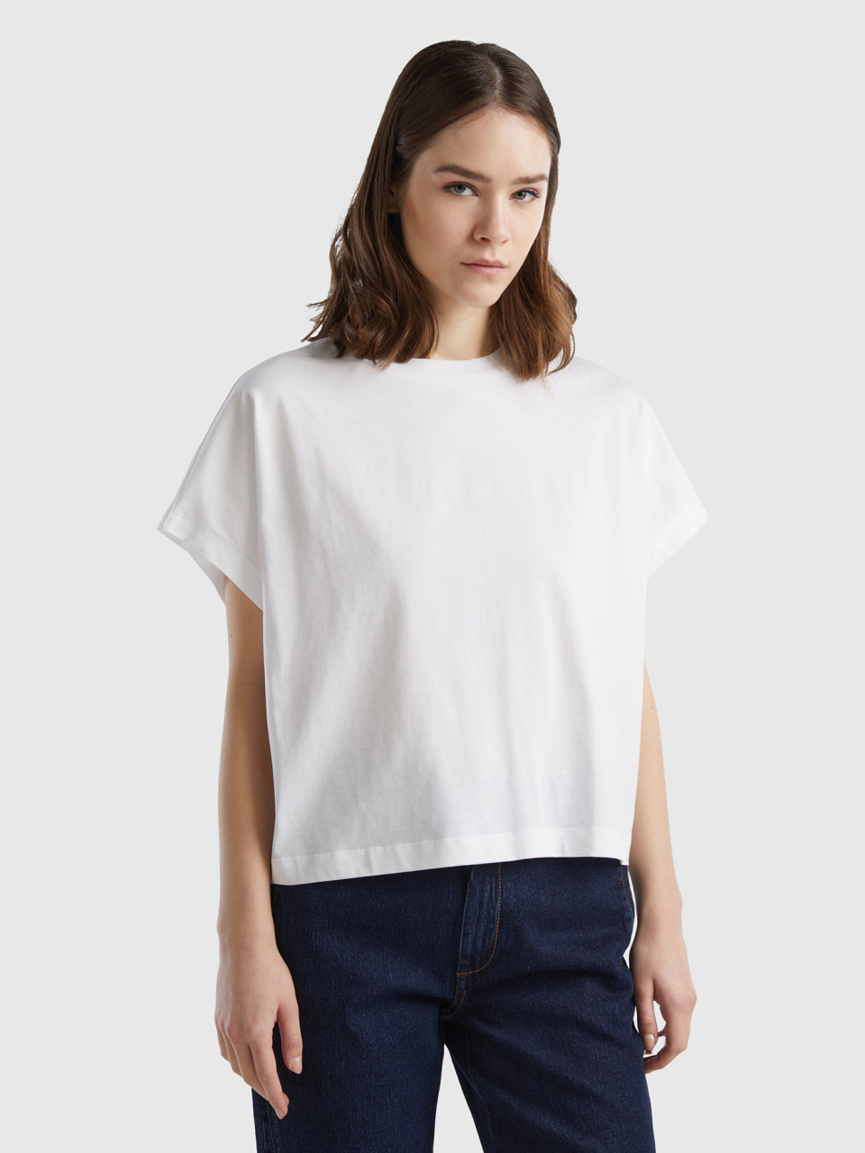Benetton, Camiseta Con Mangas Kimono, Blanco, Mujer