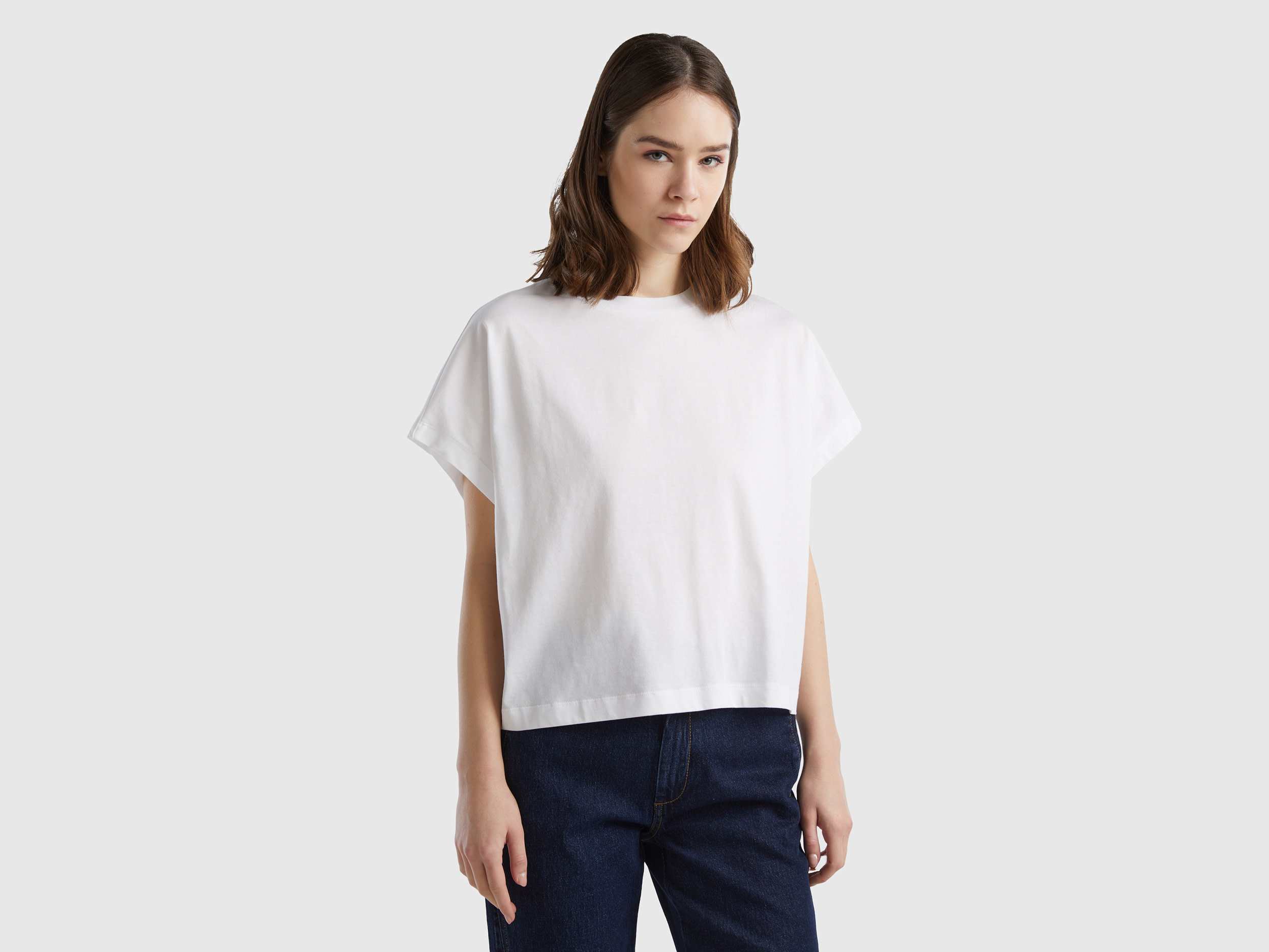 Benetton, Maglietta Con Manica A Kimono, Bianco, Donna