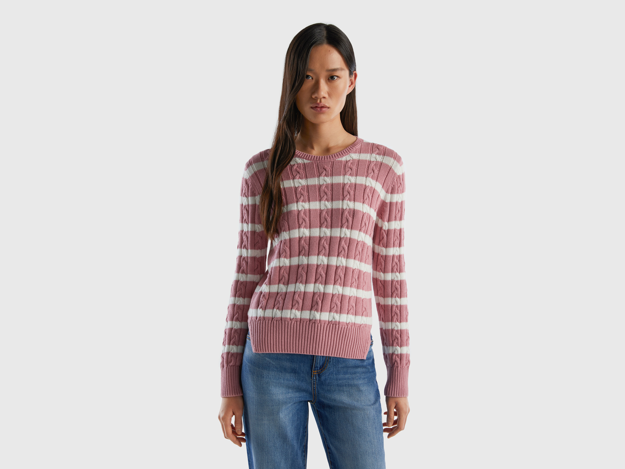 Benetton, Cable Knit Sweater 100% Cotton, Size L, Pink, Women