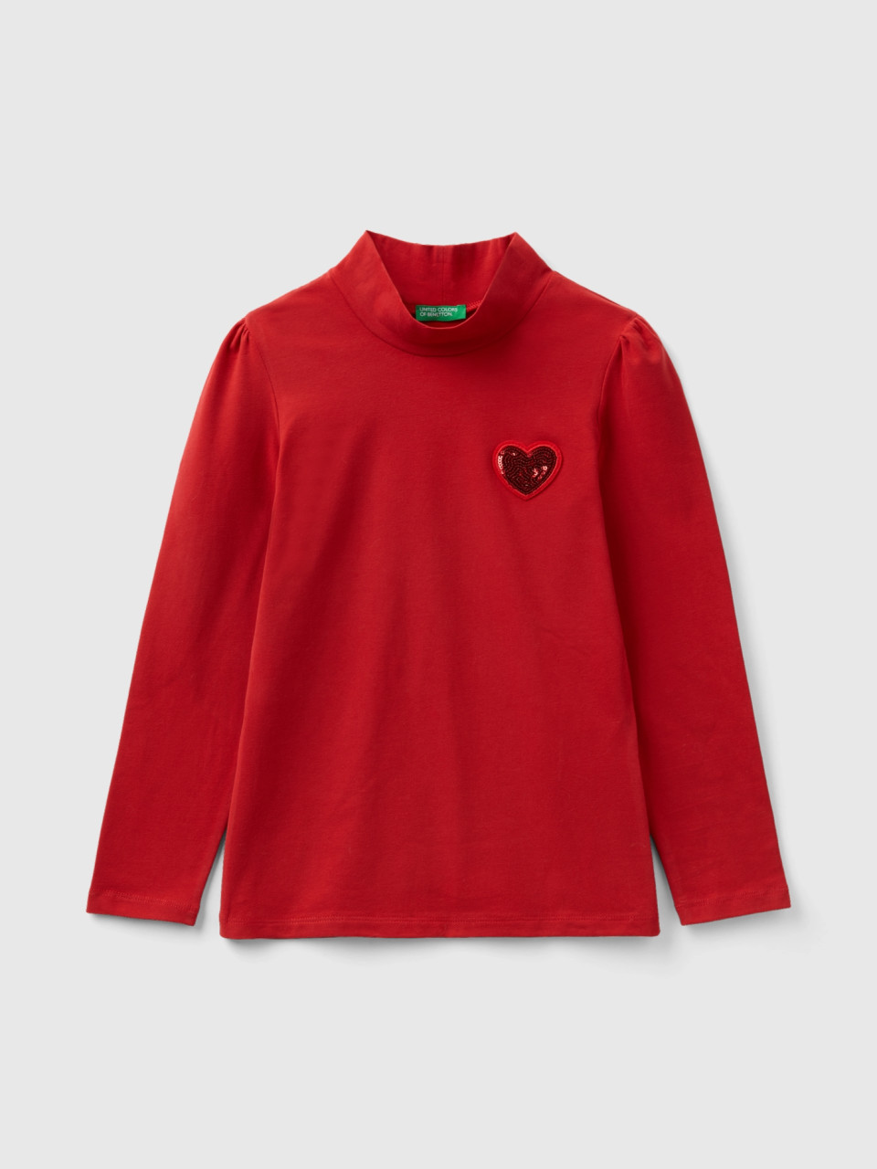 Benetton, Rollkragen-t-shirt Mit Pailletten-aufnäher, Rot, female