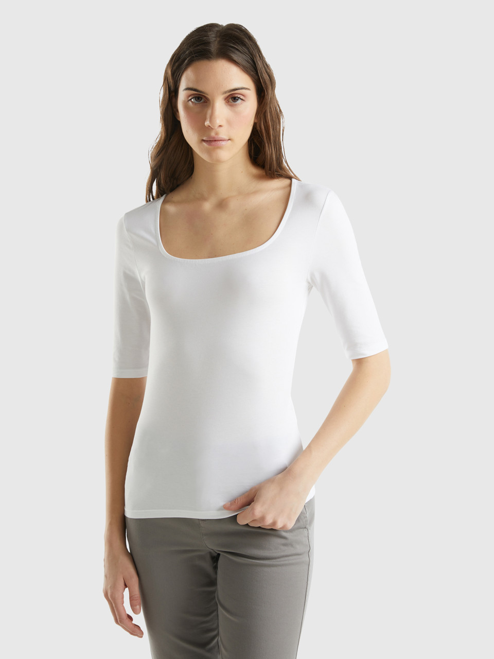 Benetton, T-shirt Aderente In Cotone Stretch, Bianco, Donna