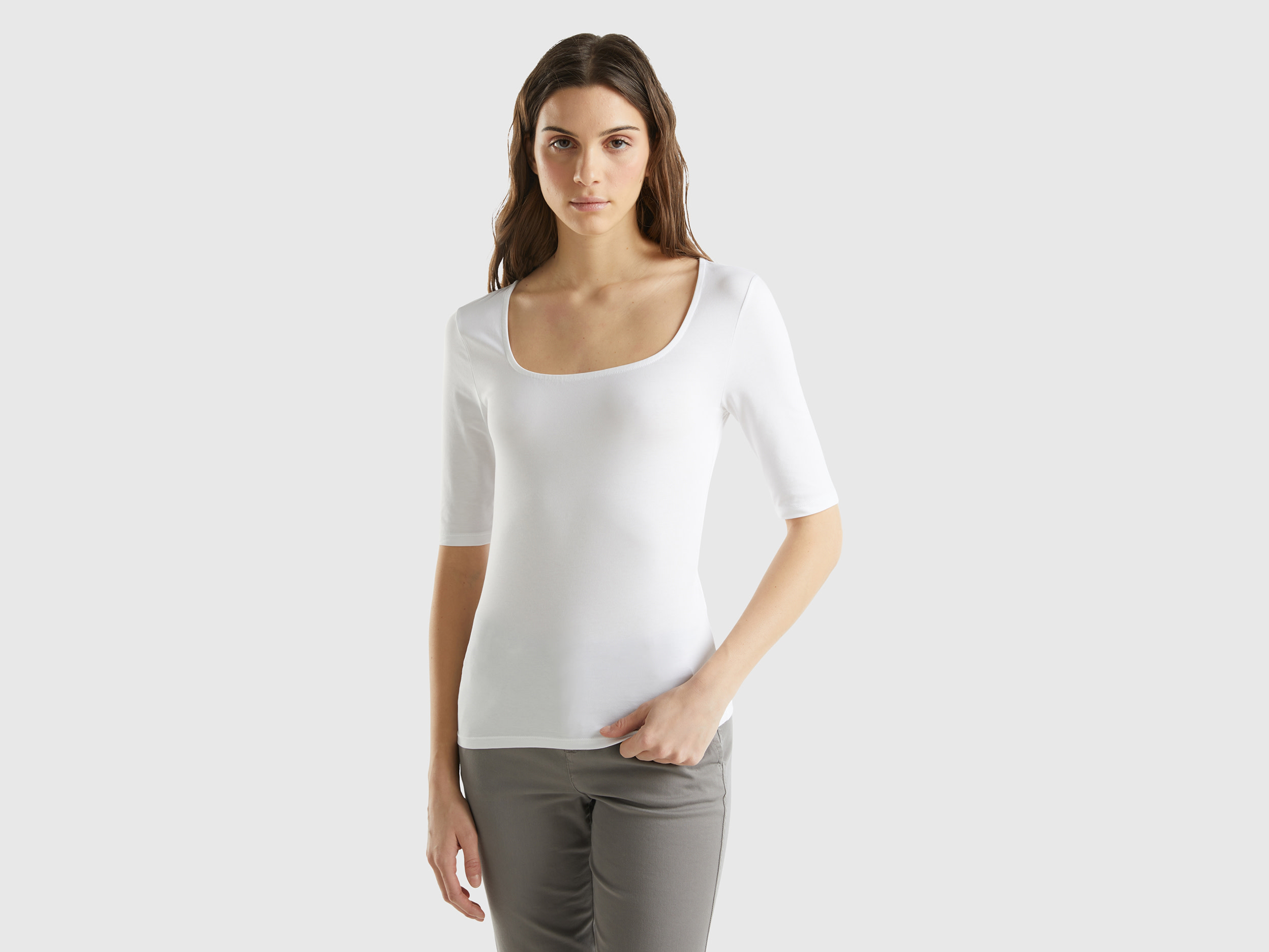 Benetton, T-shirt Aderente In Cotone Stretch, Bianco, Donna