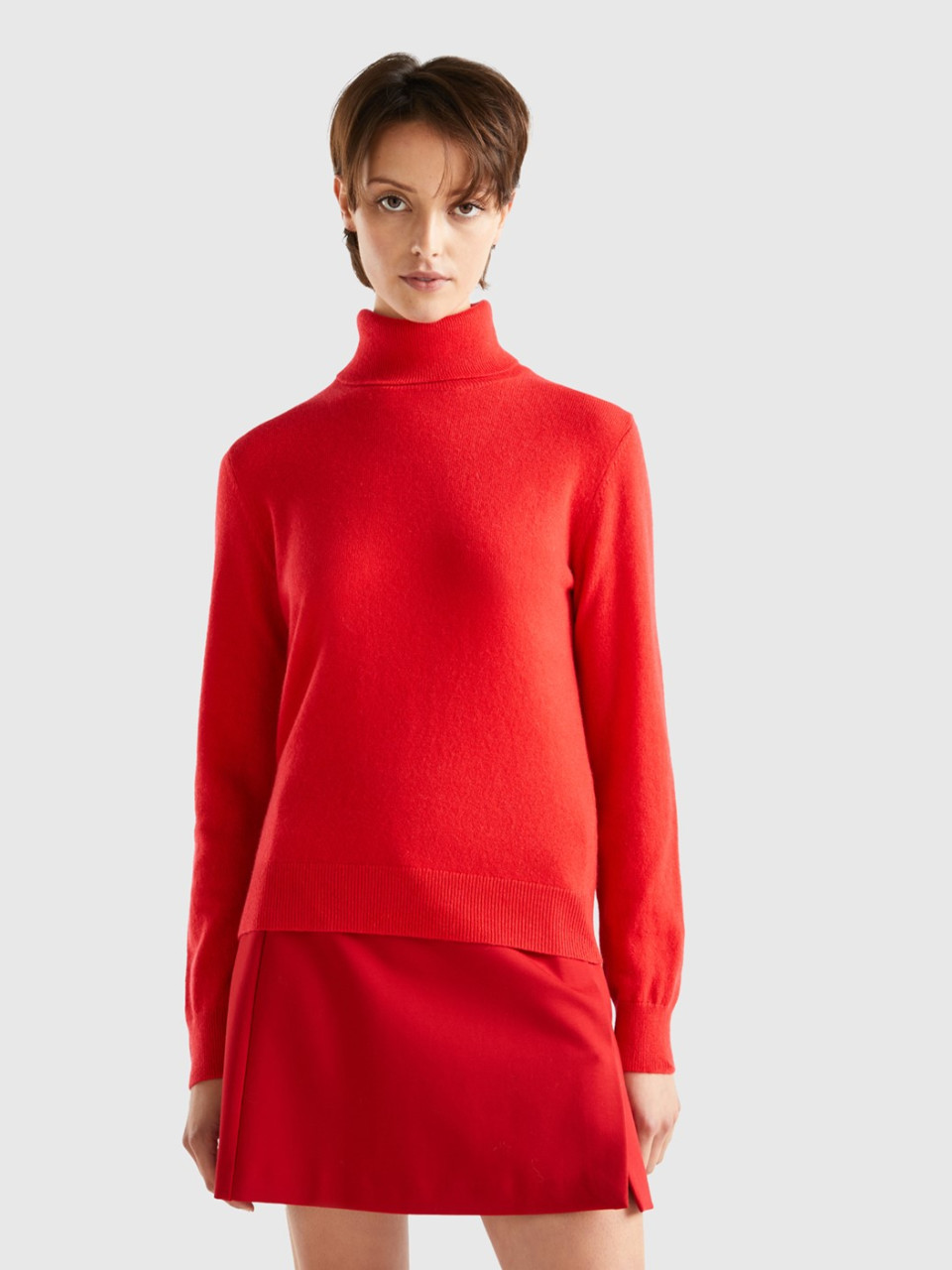 Benetton, Coral Red Turtleneck In Pure Cashmere, , Women