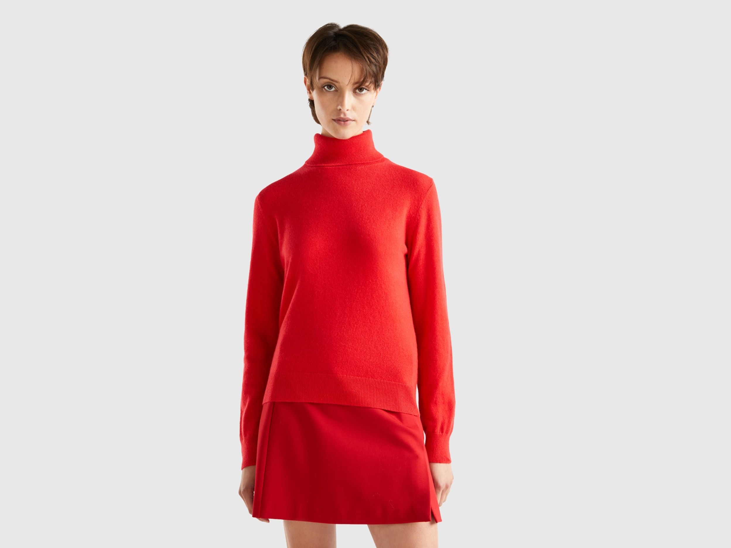 Benetton, Coral Red Turtleneck In Pure Cashmere, size S, , Women