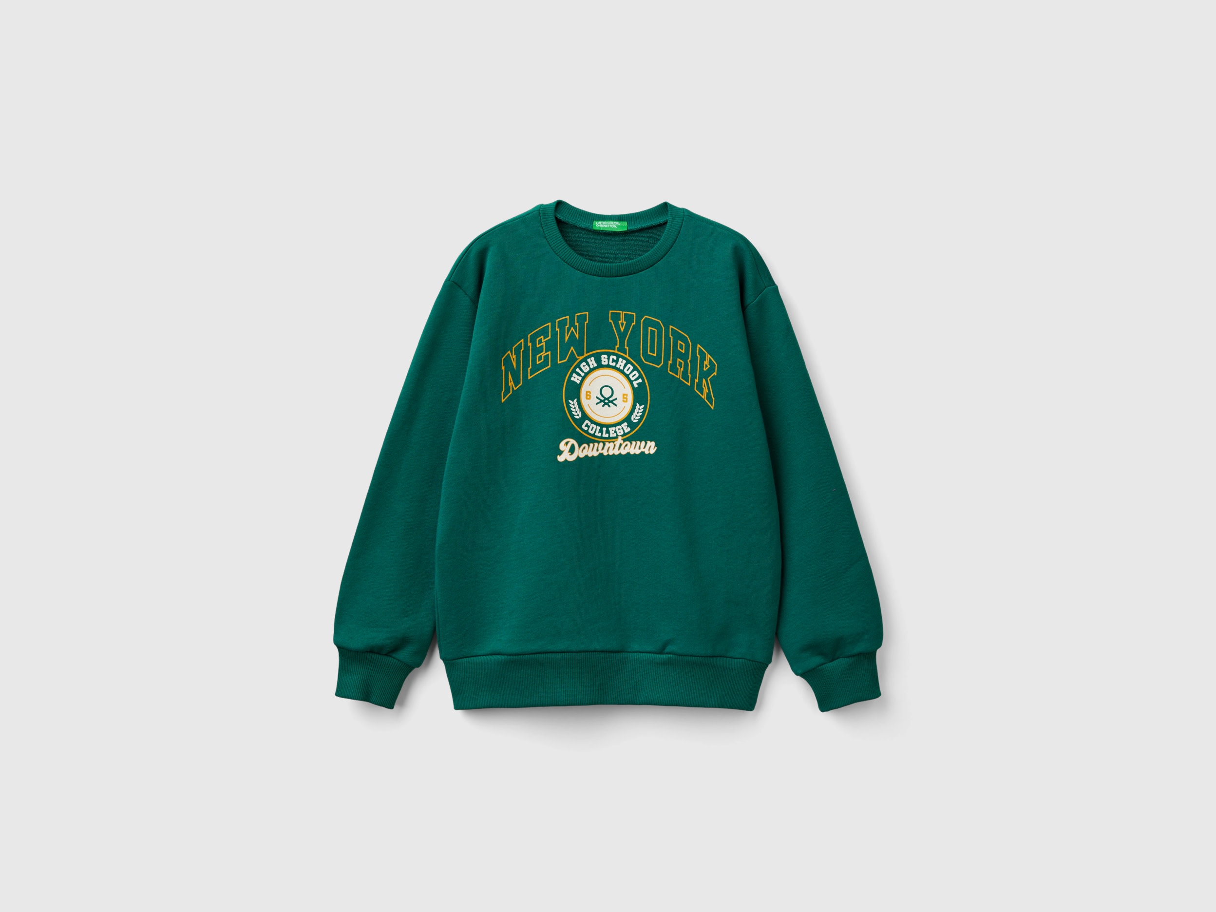 Benetton, Felpa Girocollo Con Stampa, Verde Scuro, Bambini