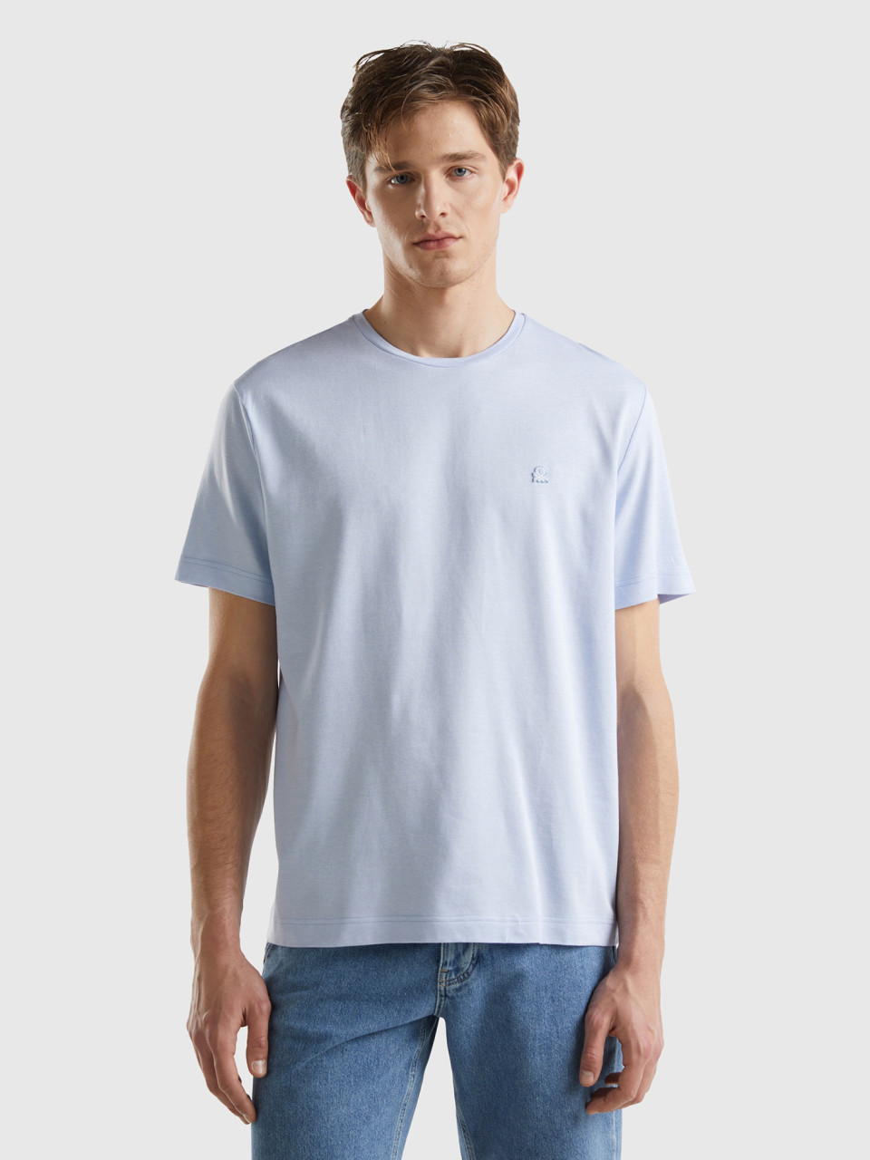 Benetton, T-shirt En Micro-piqué, Bleu Ciel, Homme