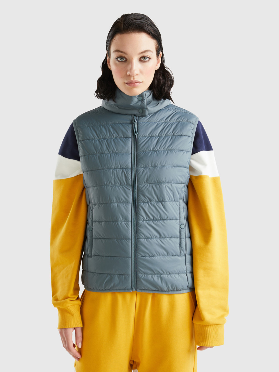 Benetton, Sleeveless Puffer Jacket With Recycled Wadding, Dark Gray, Women