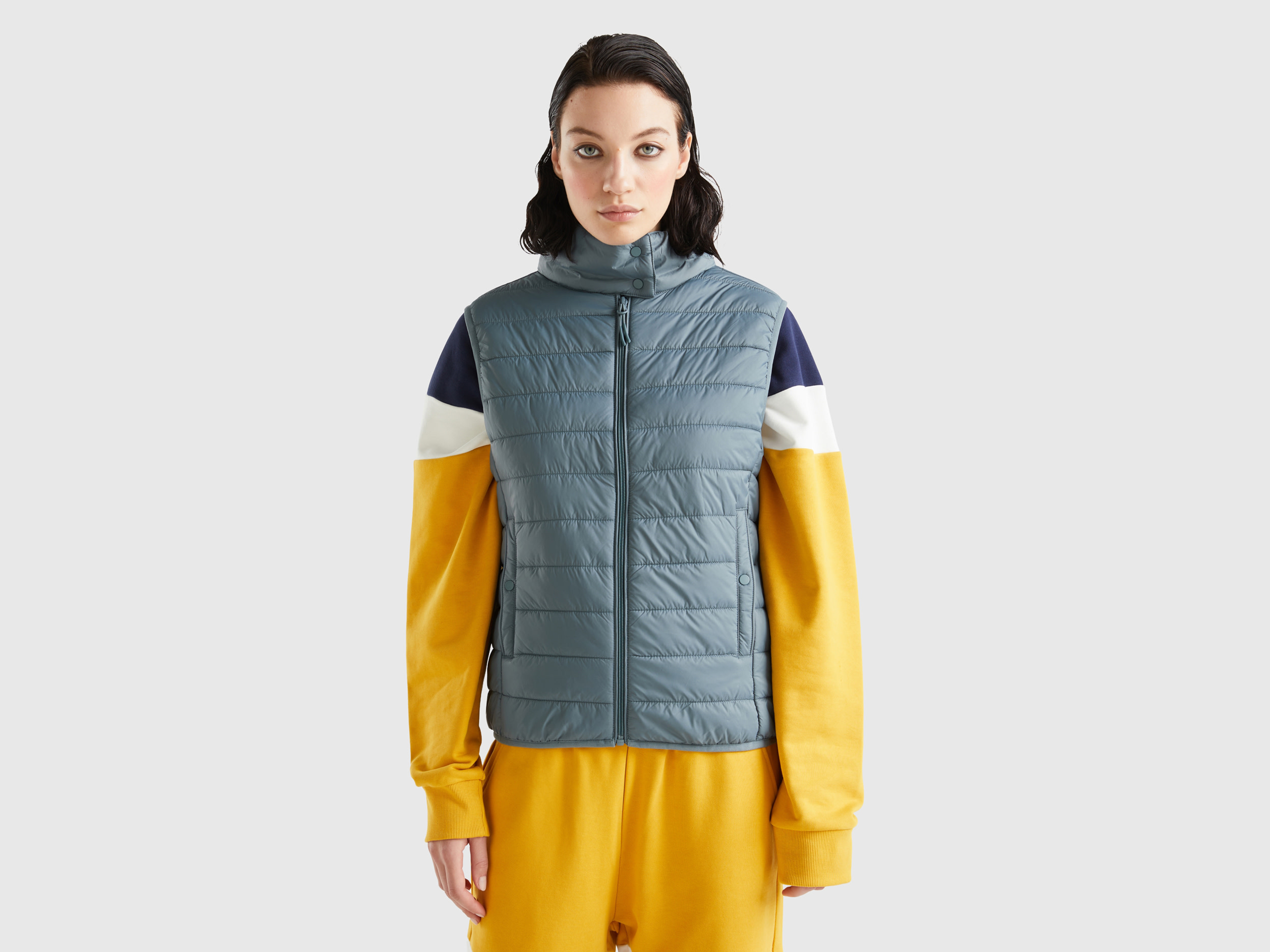 Benetton, Sleeveless Puffer Jacket With Recycled Wadding, size L, Dark Gray, Women