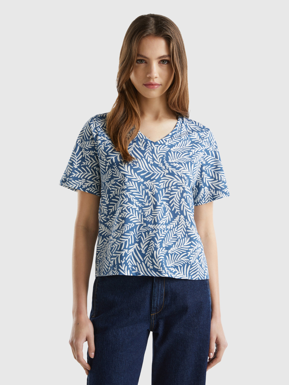 Benetton, Long Fiber Cotton Patterned T-shirt, Air Force Blue, Women