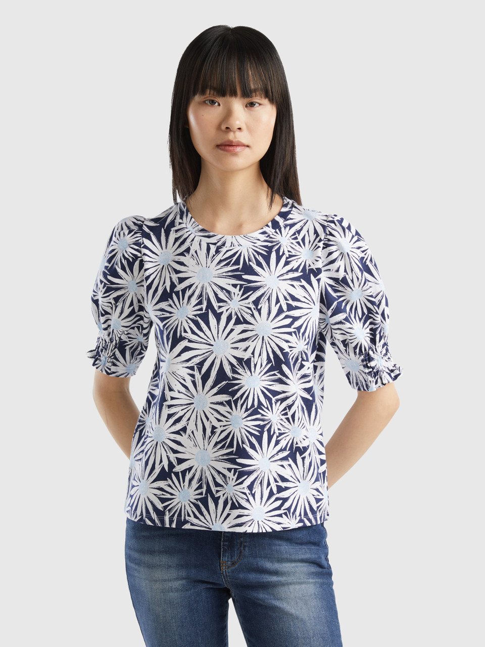 Benetton, Organic Cotton T-shirt With Floral Print, Blue, Men