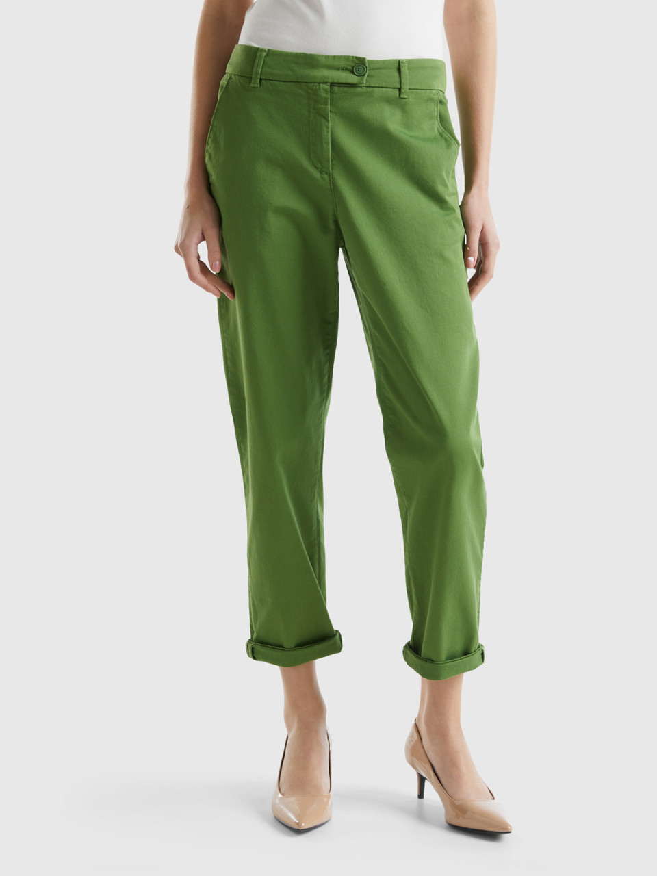 Benetton, Pantalones Chinos De Algodón Elástico, Militar, Mujer