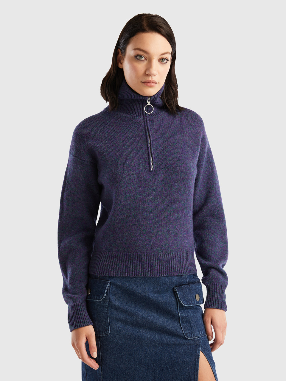 Benetton, High Neck Sweater In Pure Shetland Wool, Violet, Women
