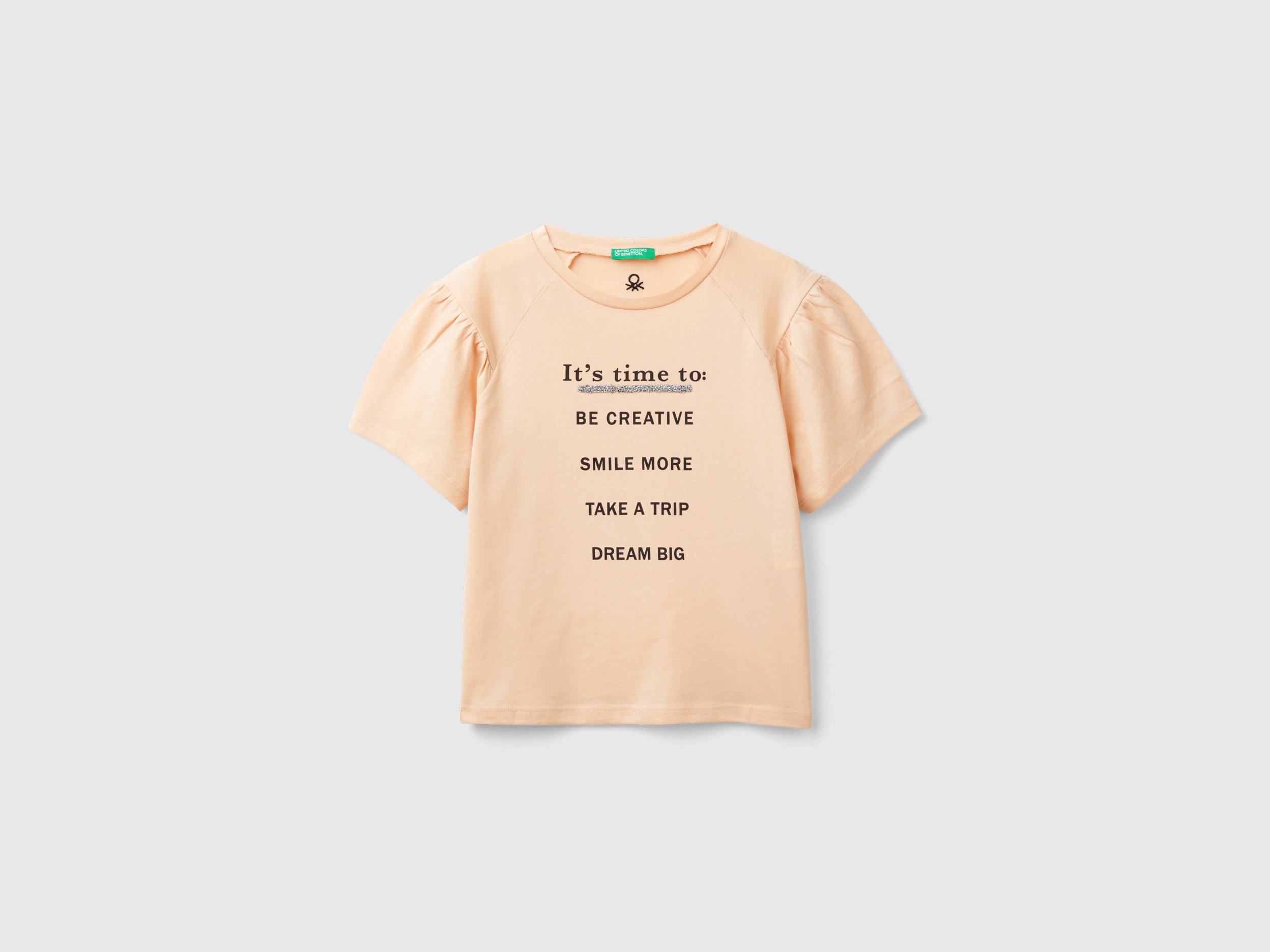 Benetton, T-shirt Con Stampa E Applicazione, Rosa Tenue, Bambini