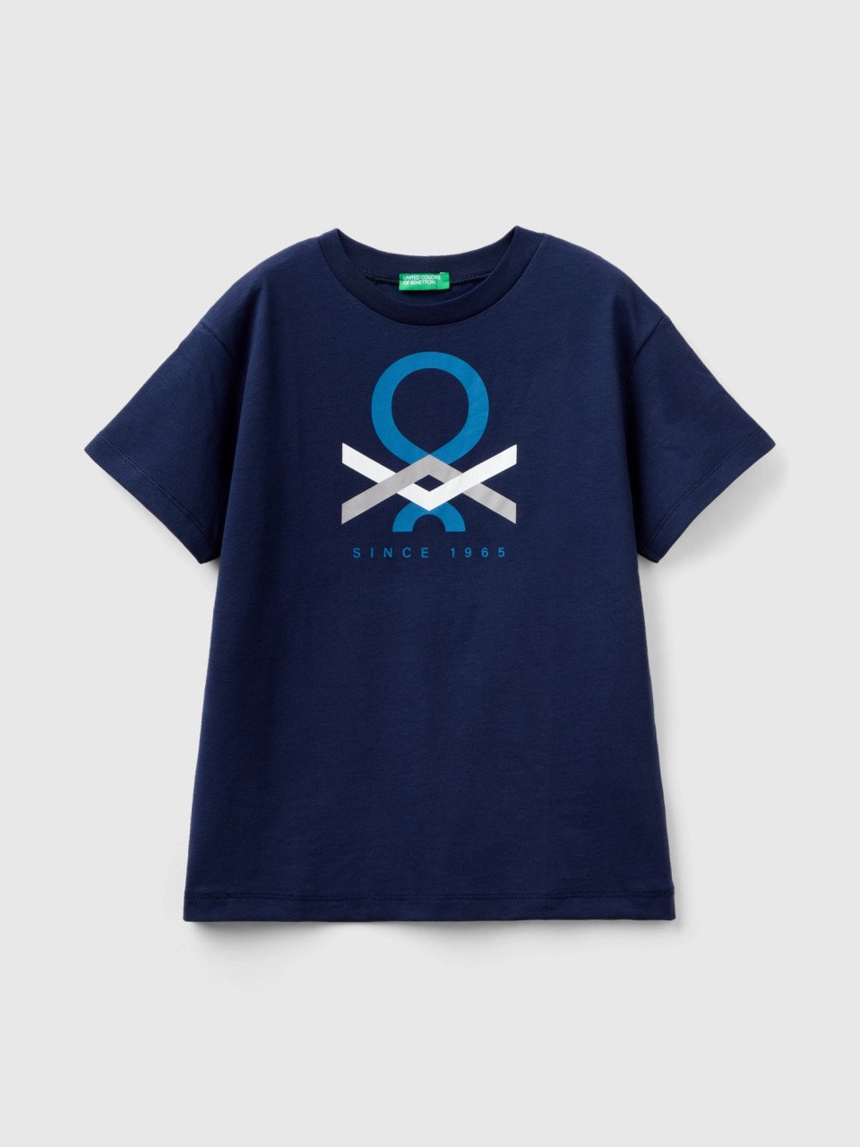 Benetton, T-shirt 100% Cotone Bio, Blu Scuro, Bambini
