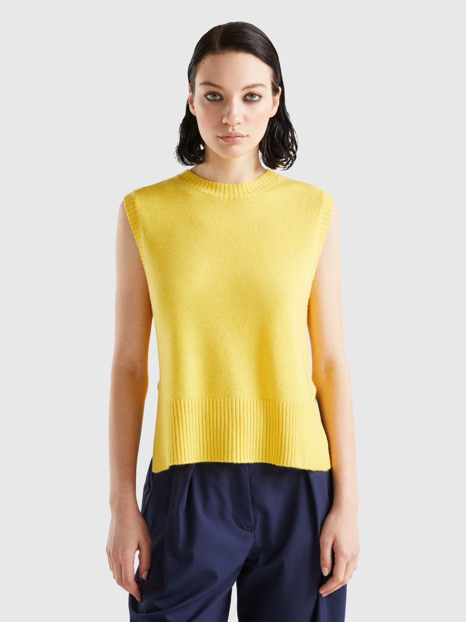 Benetton, Knit Vest With Slits, Yellow, Women