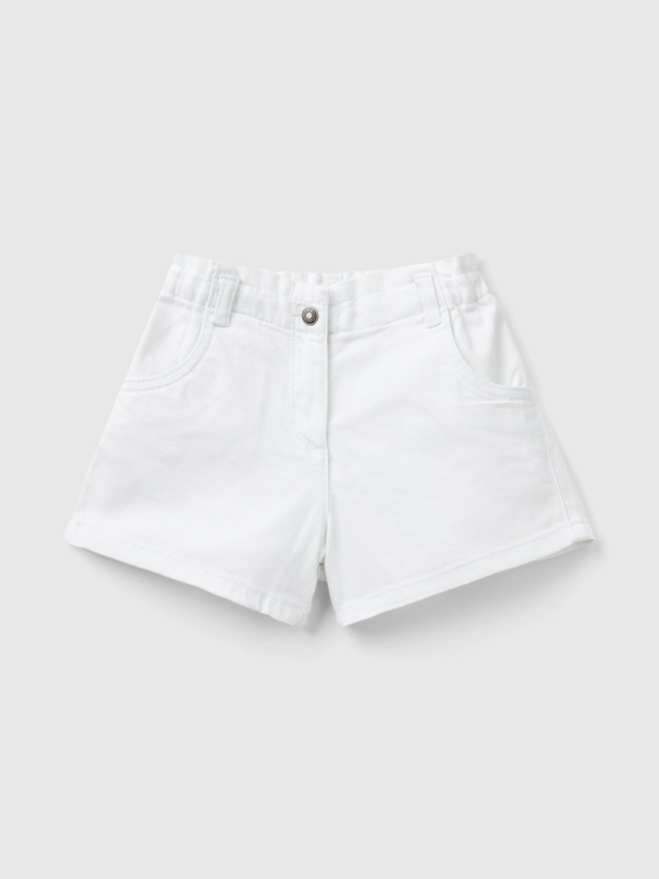 Benetton, Shorts Paperbag In Cotone Stretch, Bianco, Bambini