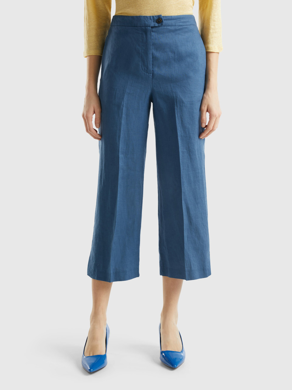 Benetton, Cropped Trousers In Pure Linen, Air Force Blue, Women