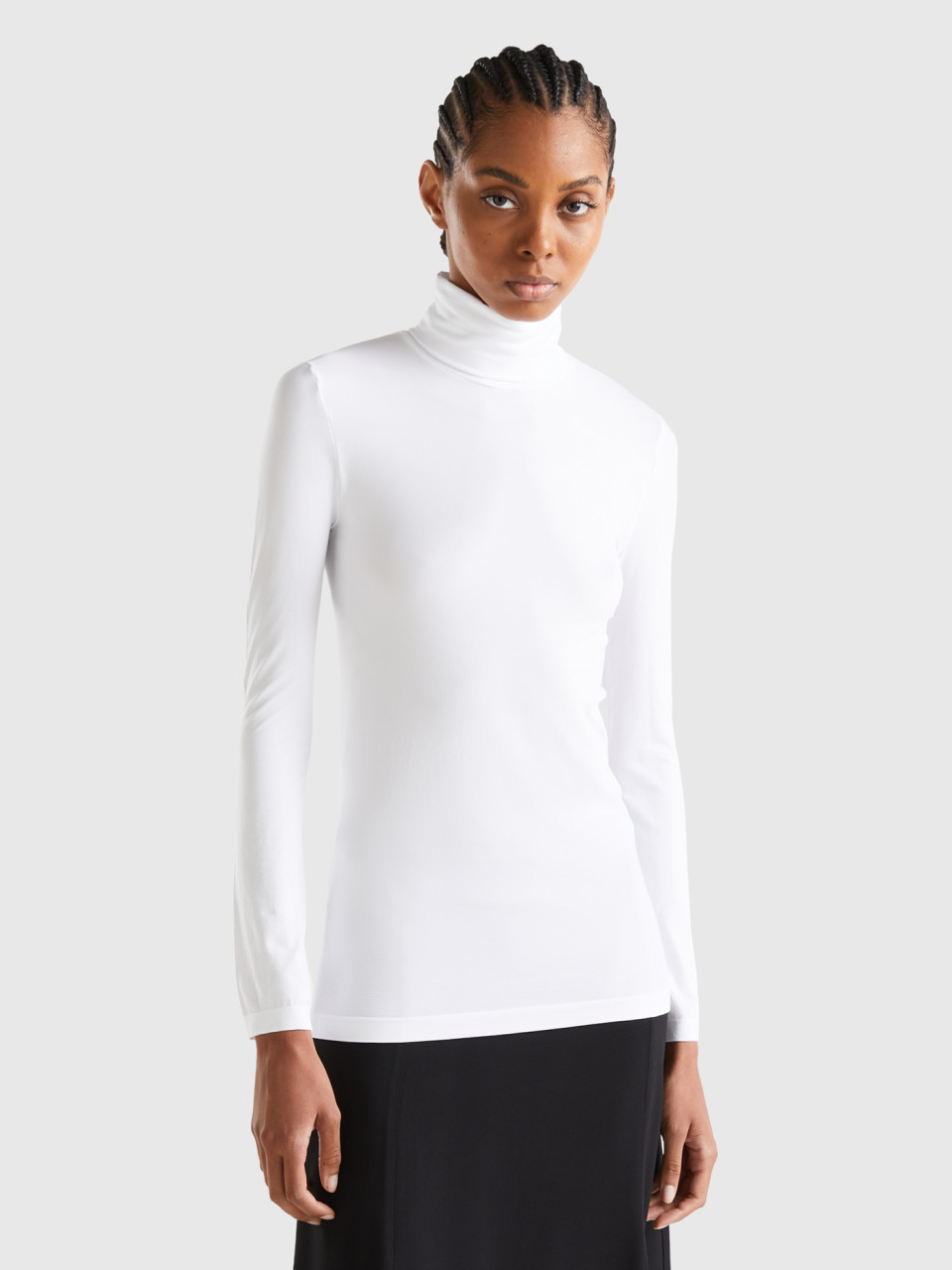 Benetton, Pull Col Montant Stretch, Blanc, Femme