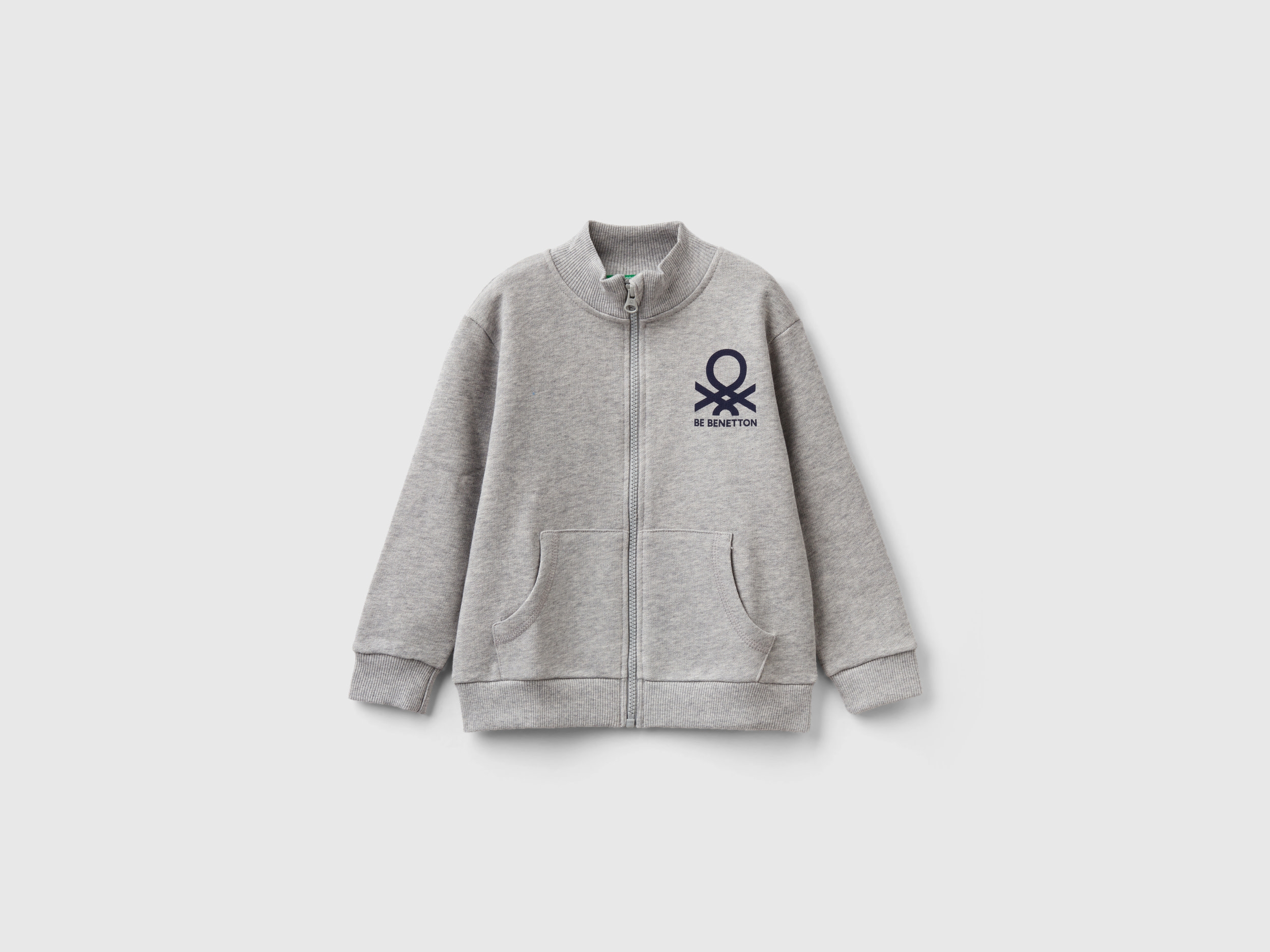 Image of Benetton, Sweatshirt In Organic Cotton With Zip, size 110, Light Gray, Kids