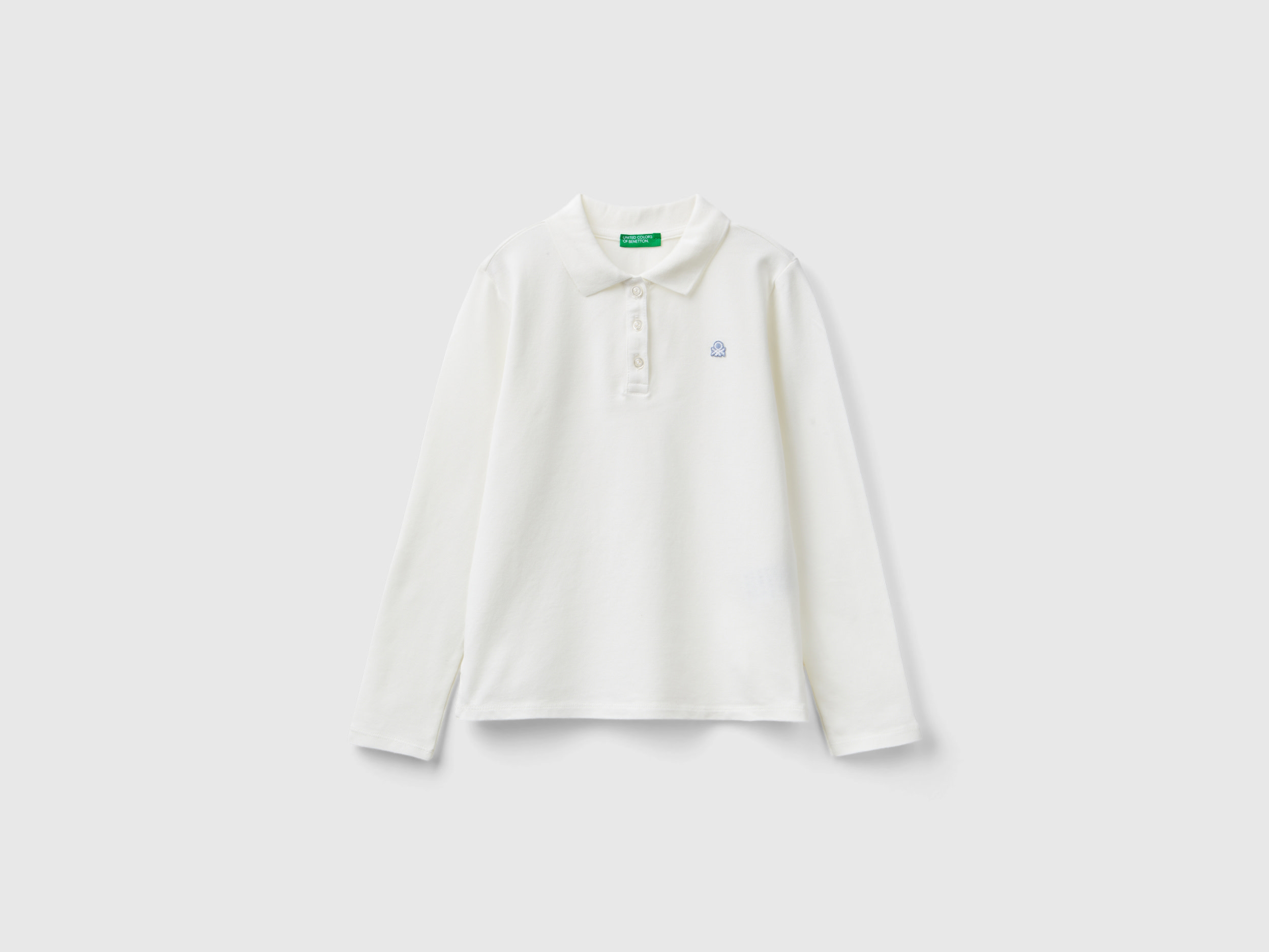 Benetton, Polo Manica Lunga In Cotone Bio, Bianco Panna, Bambini