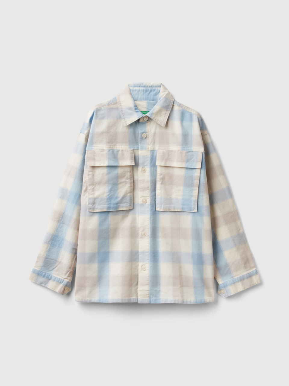 Benetton, Check Shirt In Stretch Cotton, Light Blue, Kids