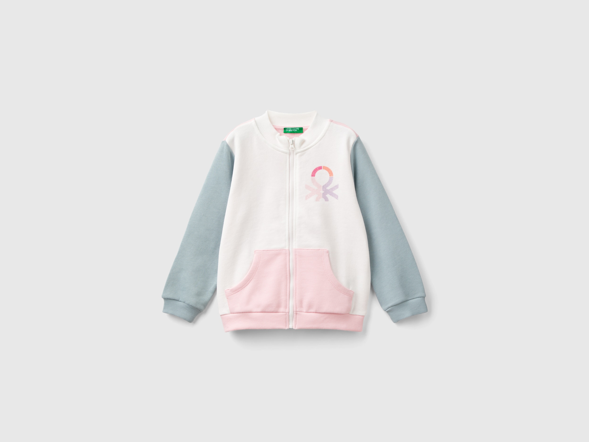 Benetton, Felpa Con Zip In Cotone Bio, Multicolore, Bambini