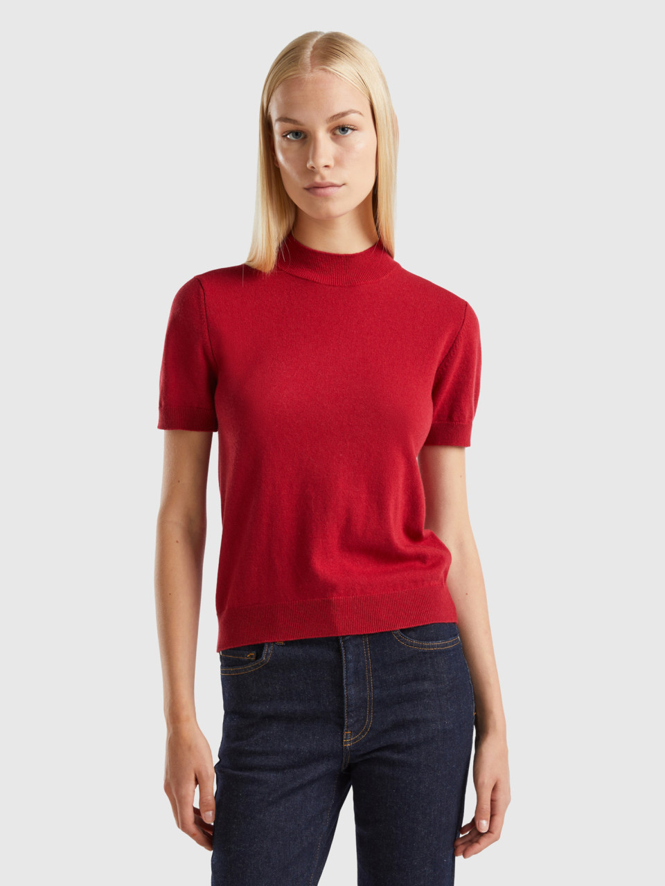 Benetton, Brick Red Short Sleeve Sweater In Cashmere Blend, Brick Red, Women