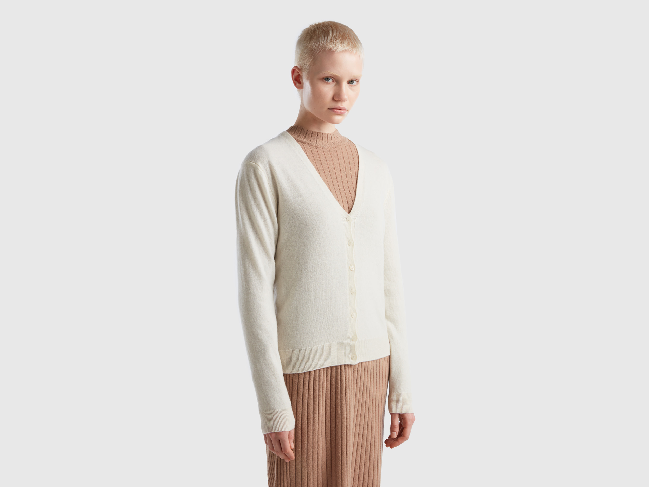 Benetton, Creamy White V- Neck Cardigan In Pure Merino Wool, size XL, Creamy White, Women