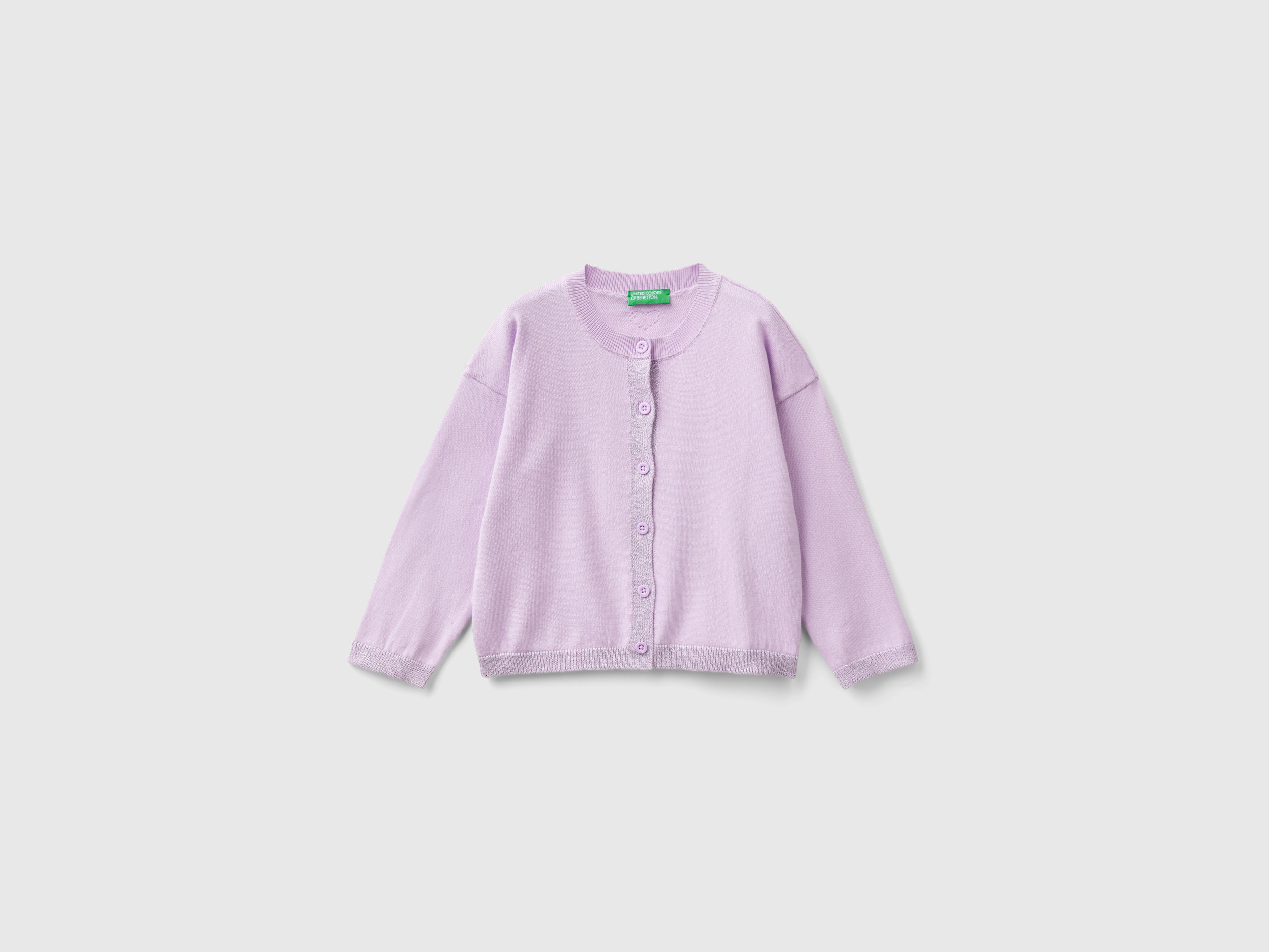 Benetton, Cardigan Con Lurex In Puro Cotone, Lilla, Bambini