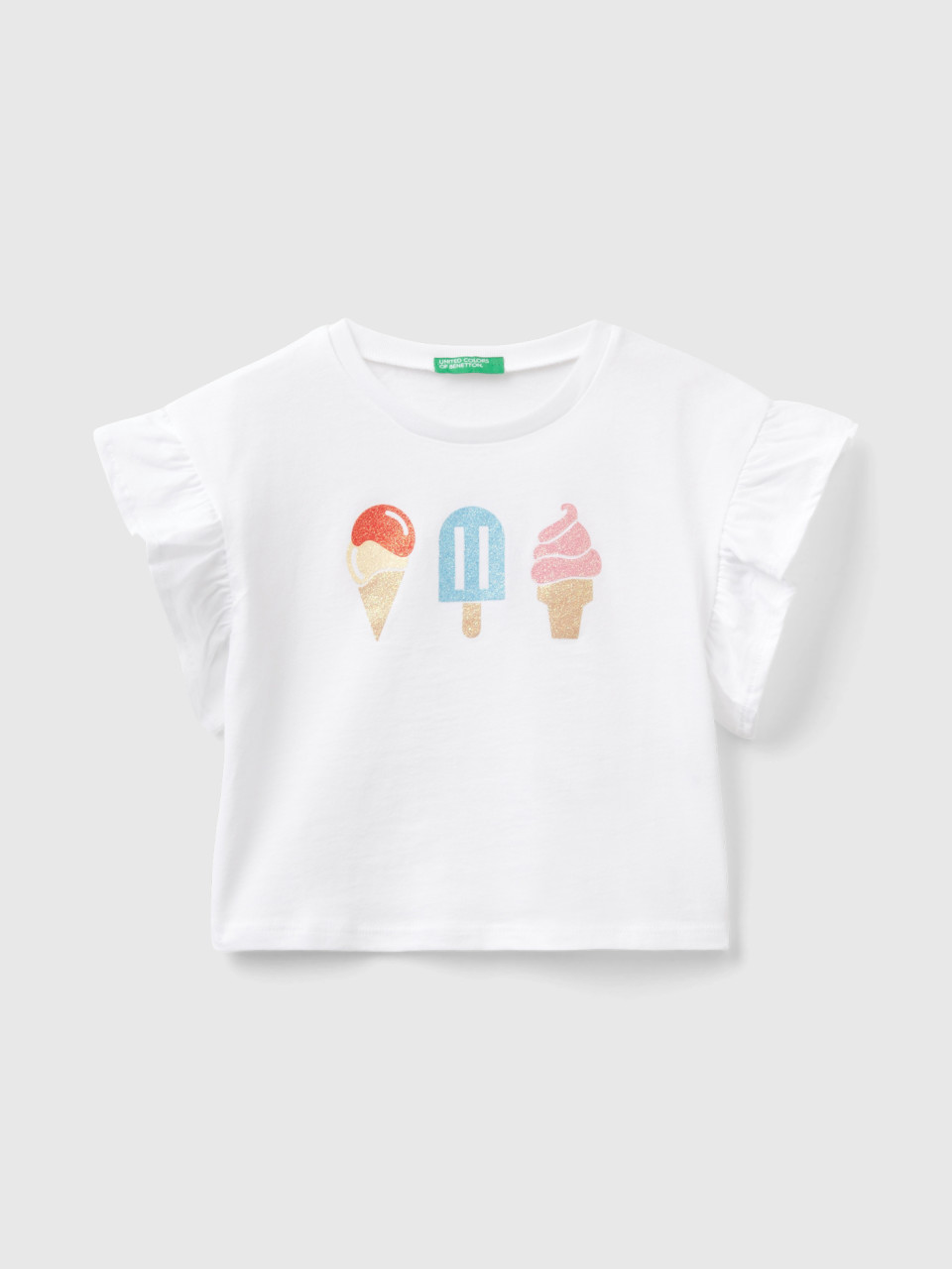 Benetton, T-shirt With Ice-cream Print And Glitter, White, Kids